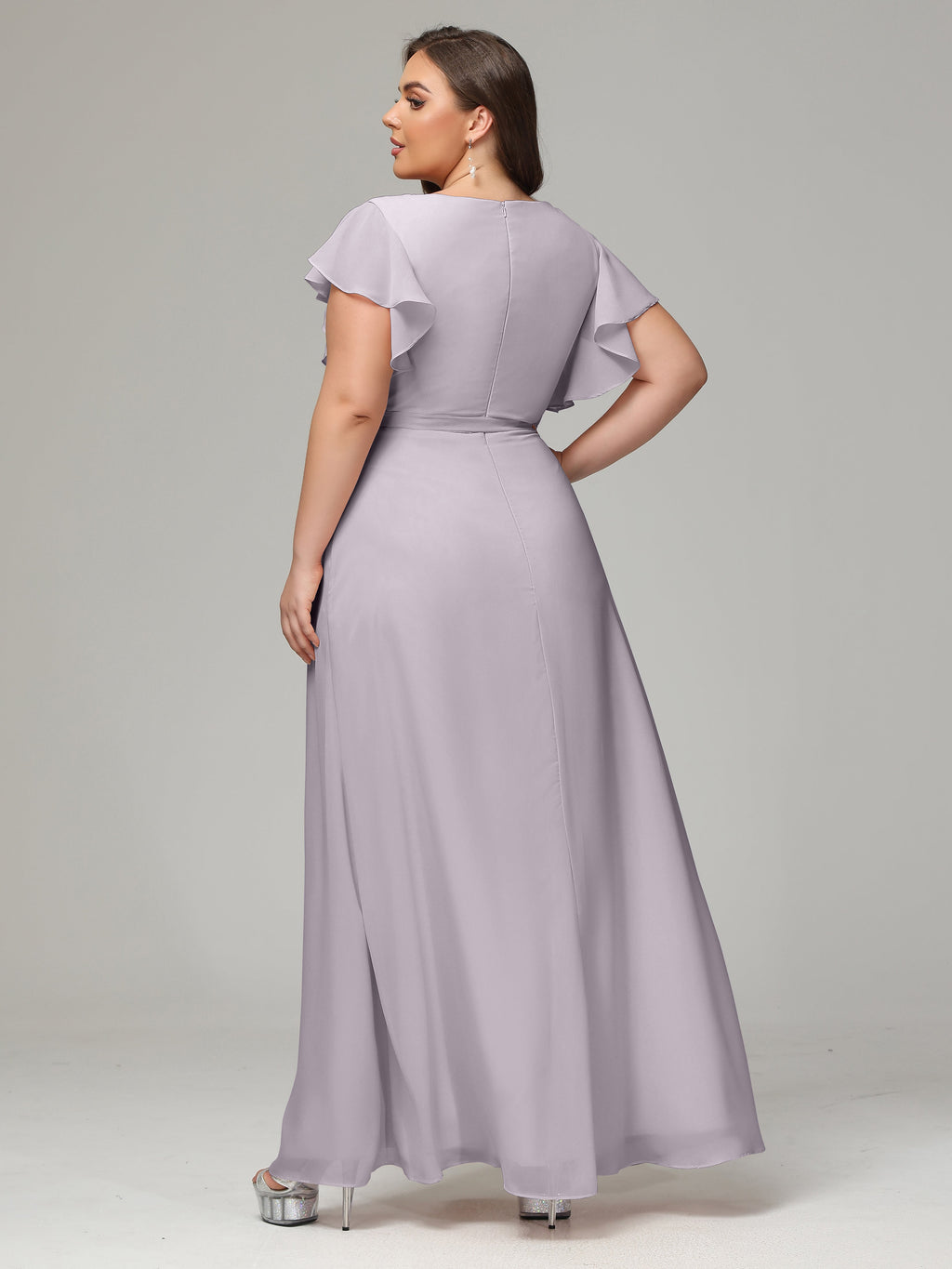 V-neck & Ruffled Sleeves Chiffon Bridesmaid Dress Plus Size