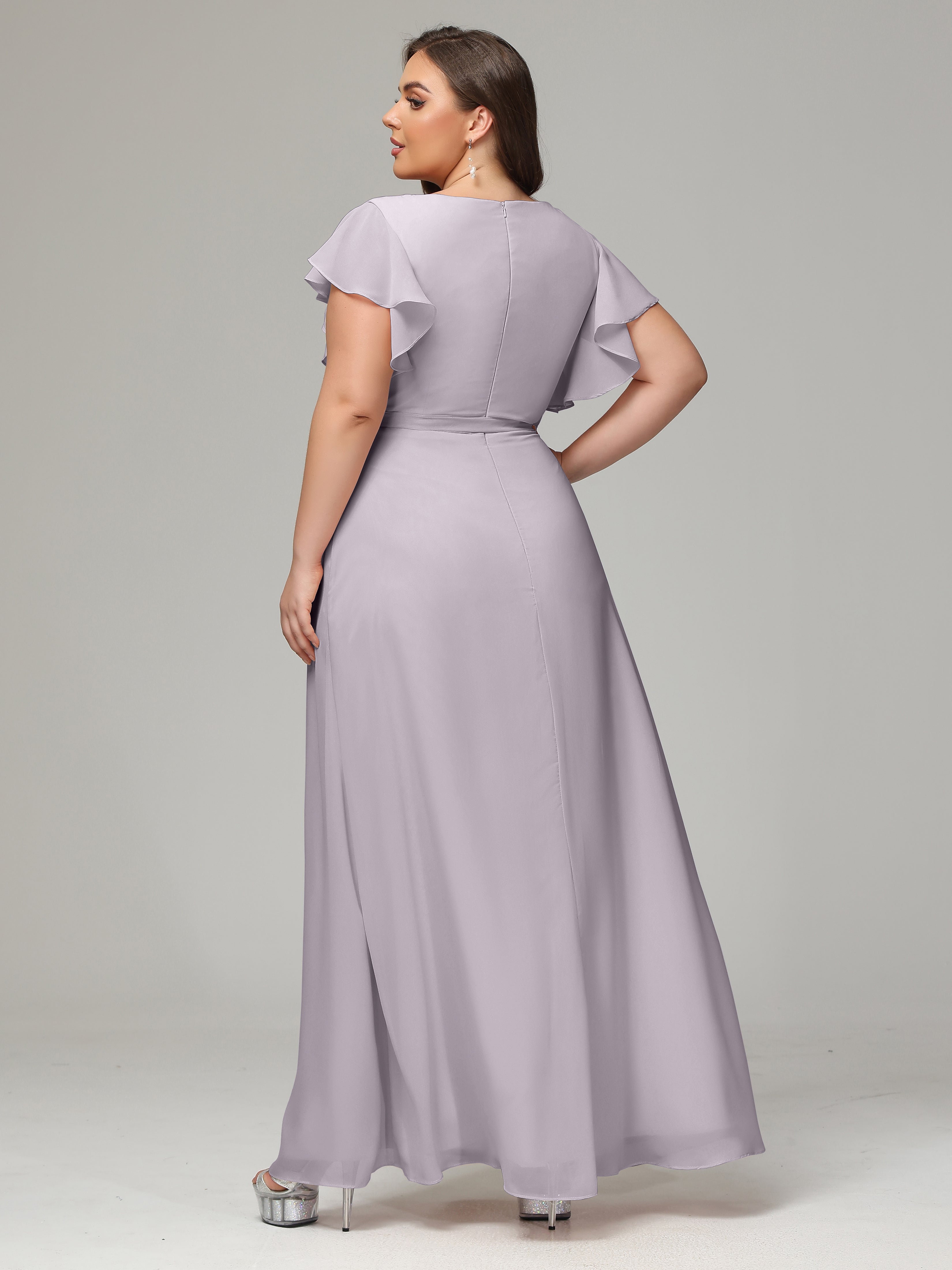V-neck & Ruffled Sleeves Chiffon Bridesmaid Dress Plus Size