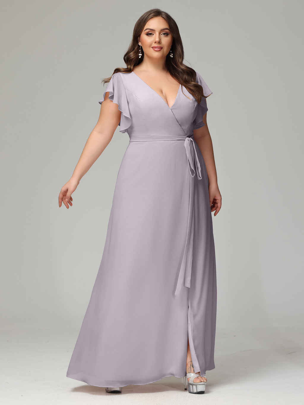 V-neck & Ruffled Sleeves Chiffon Bridesmaid Dress Plus Size
