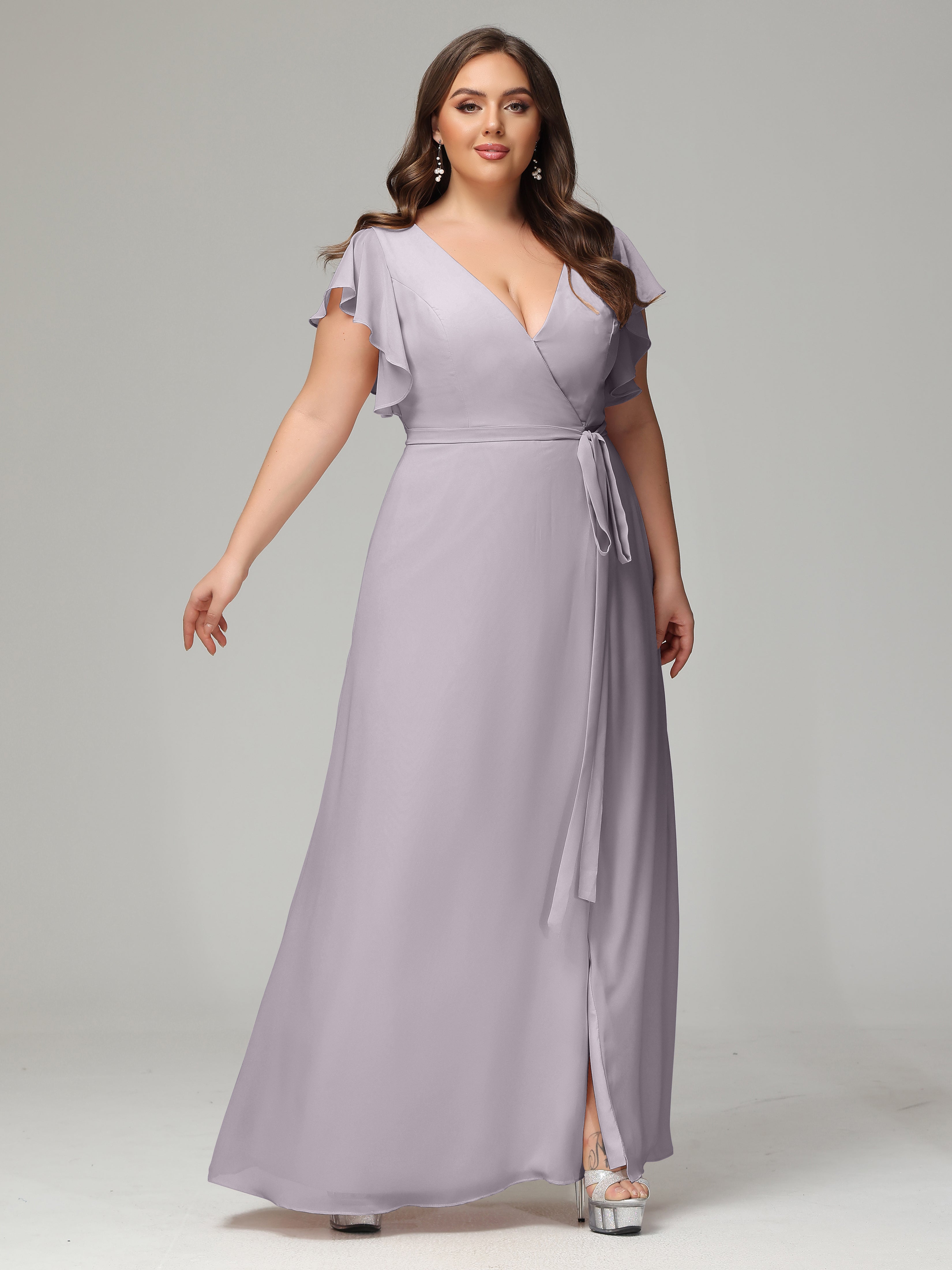 V-neck & Ruffled Sleeves Chiffon Bridesmaid Dress Plus Size