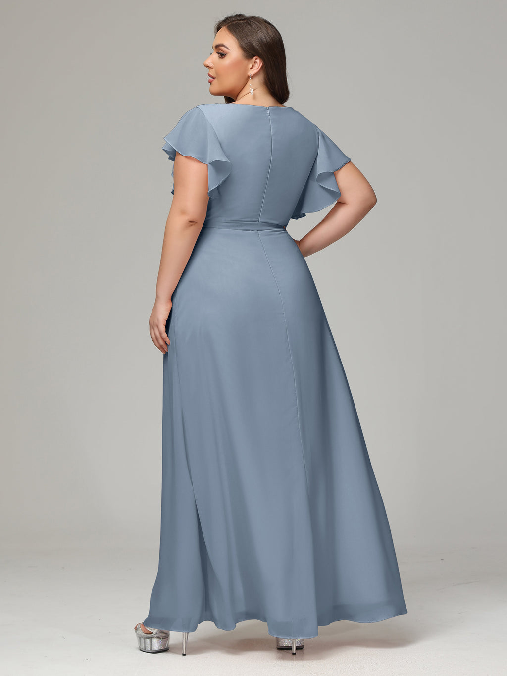 V-neck & Ruffled Sleeves Chiffon Bridesmaid Dress Plus Size