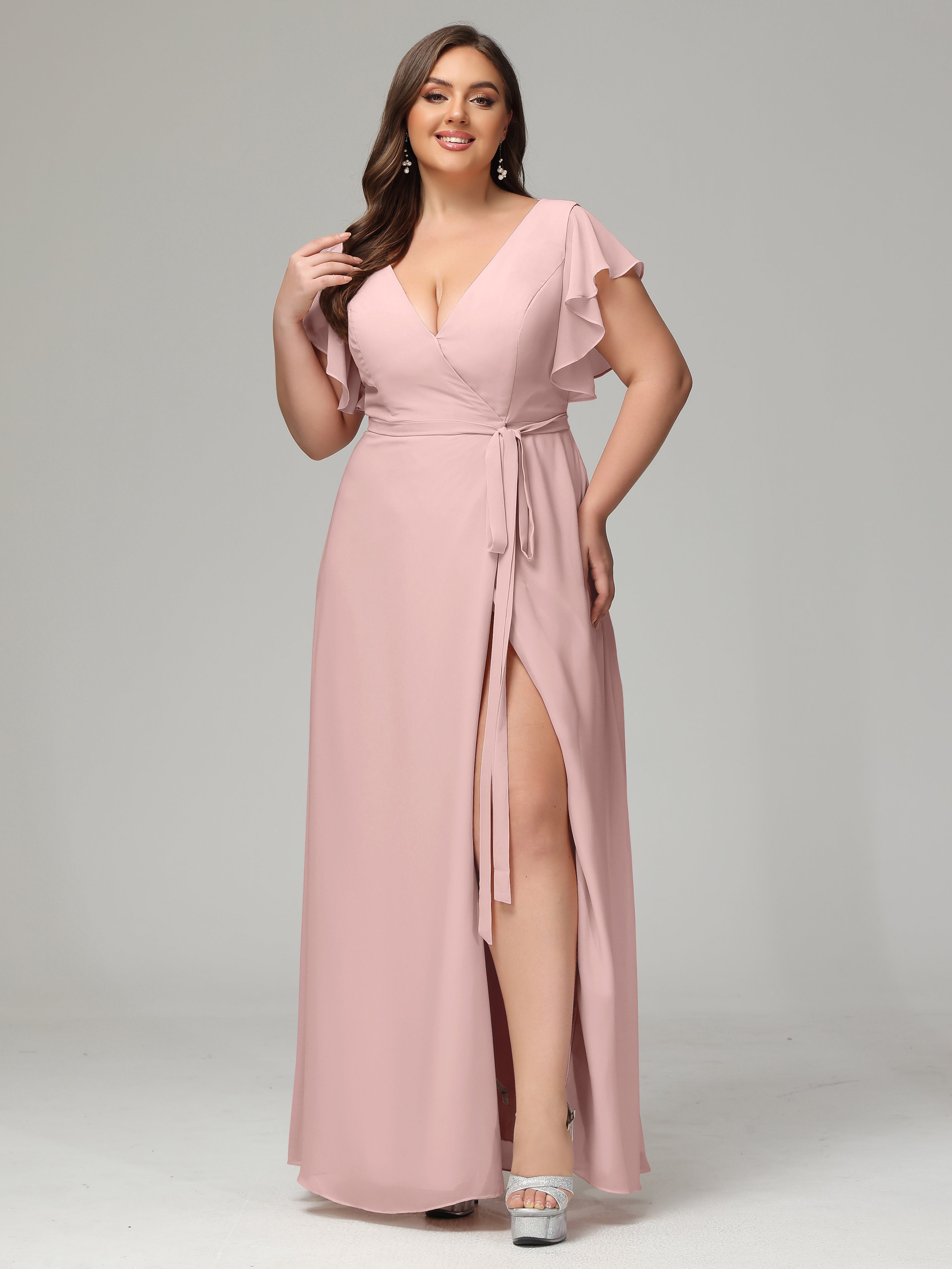 V-neck & Ruffled Sleeves Chiffon Bridesmaid Dress Plus Size