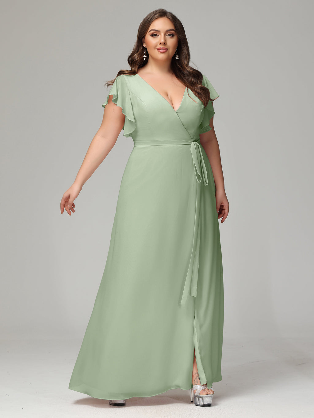 V-neck & Ruffled Sleeves Chiffon Bridesmaid Dress Plus Size
