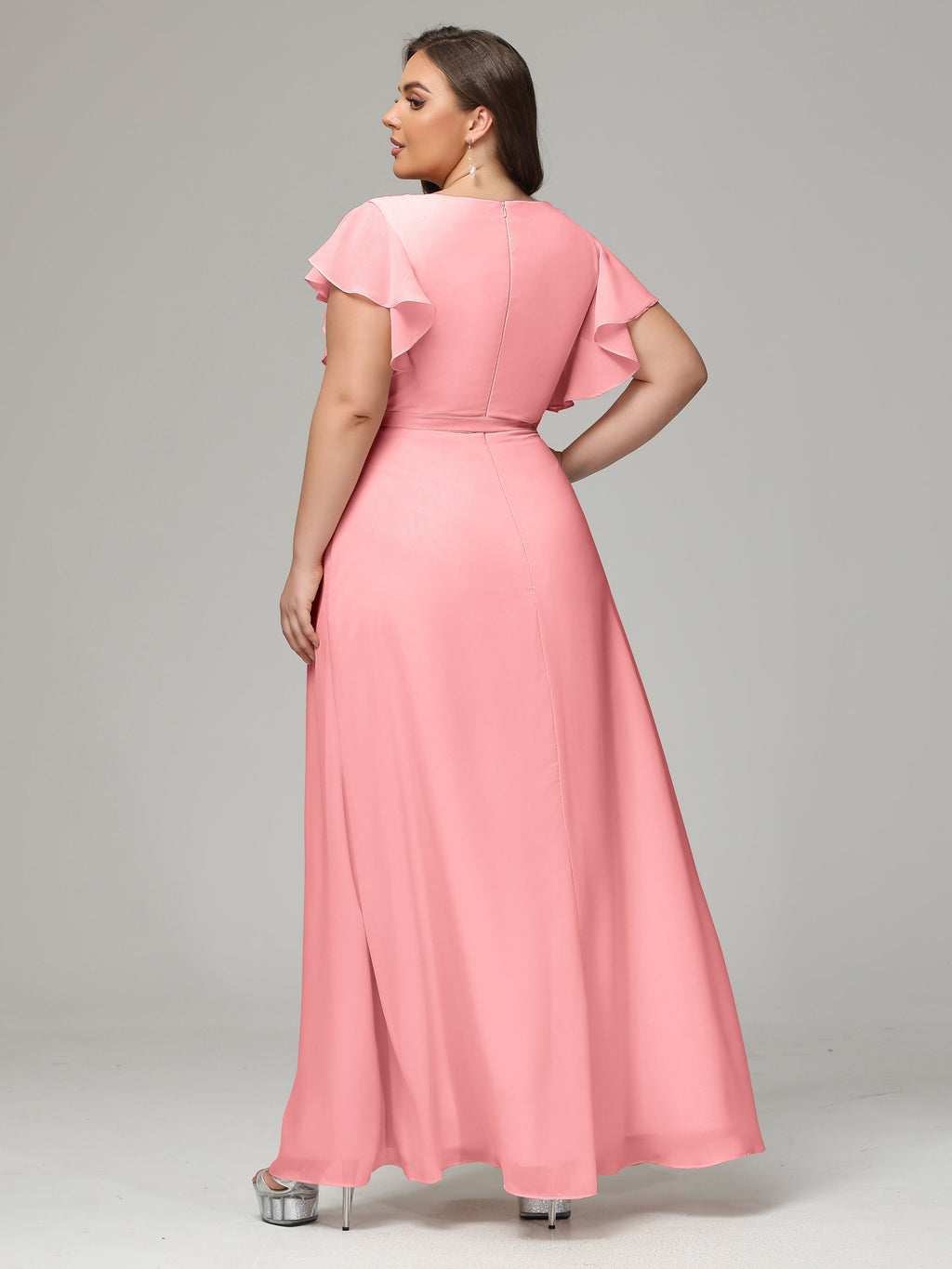 V-neck & Ruffled Sleeves Chiffon Bridesmaid Dress Plus Size