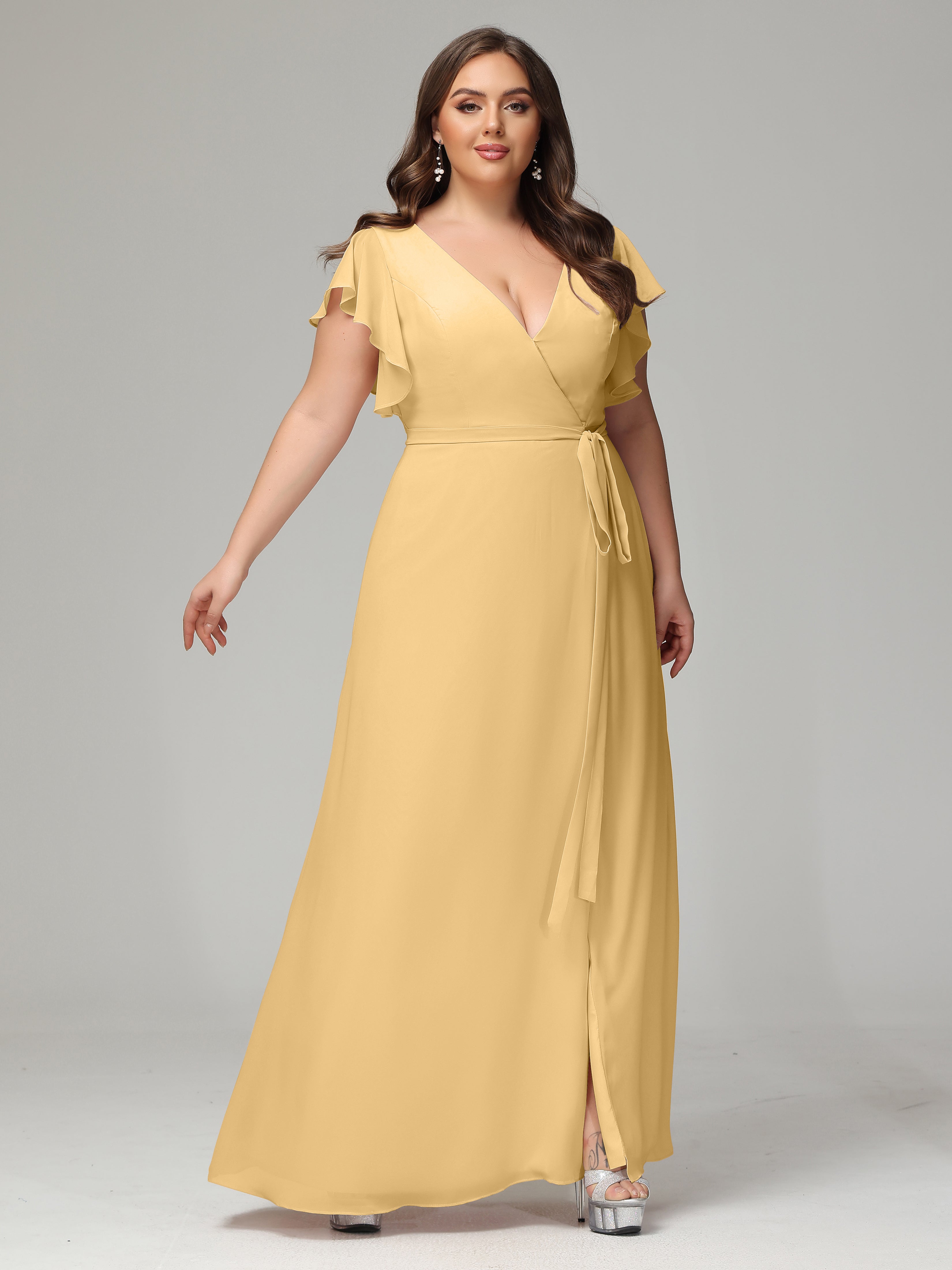 V-neck & Ruffled Sleeves Chiffon Bridesmaid Dress Plus Size