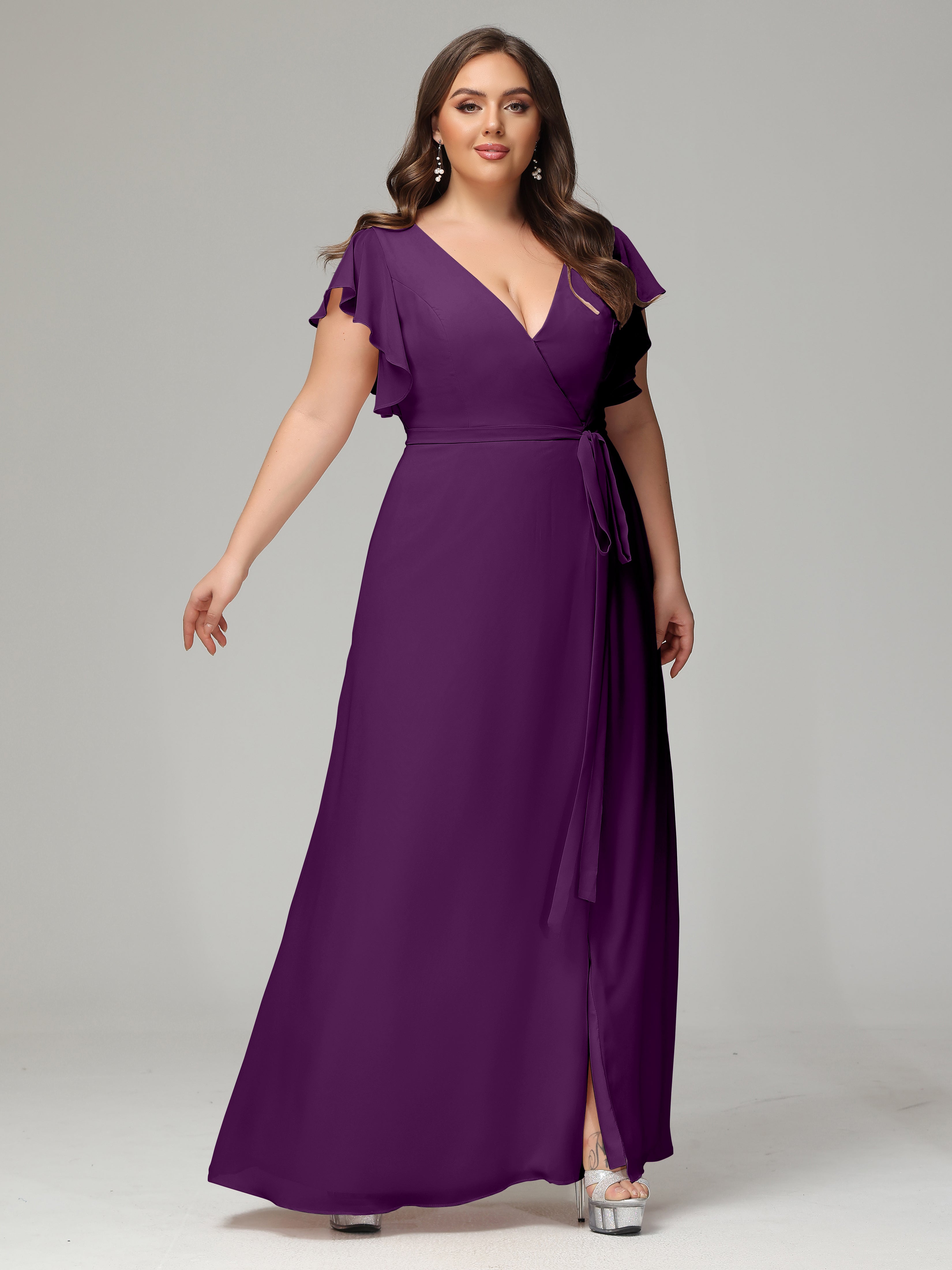 V-neck & Ruffled Sleeves Chiffon Bridesmaid Dress Plus Size