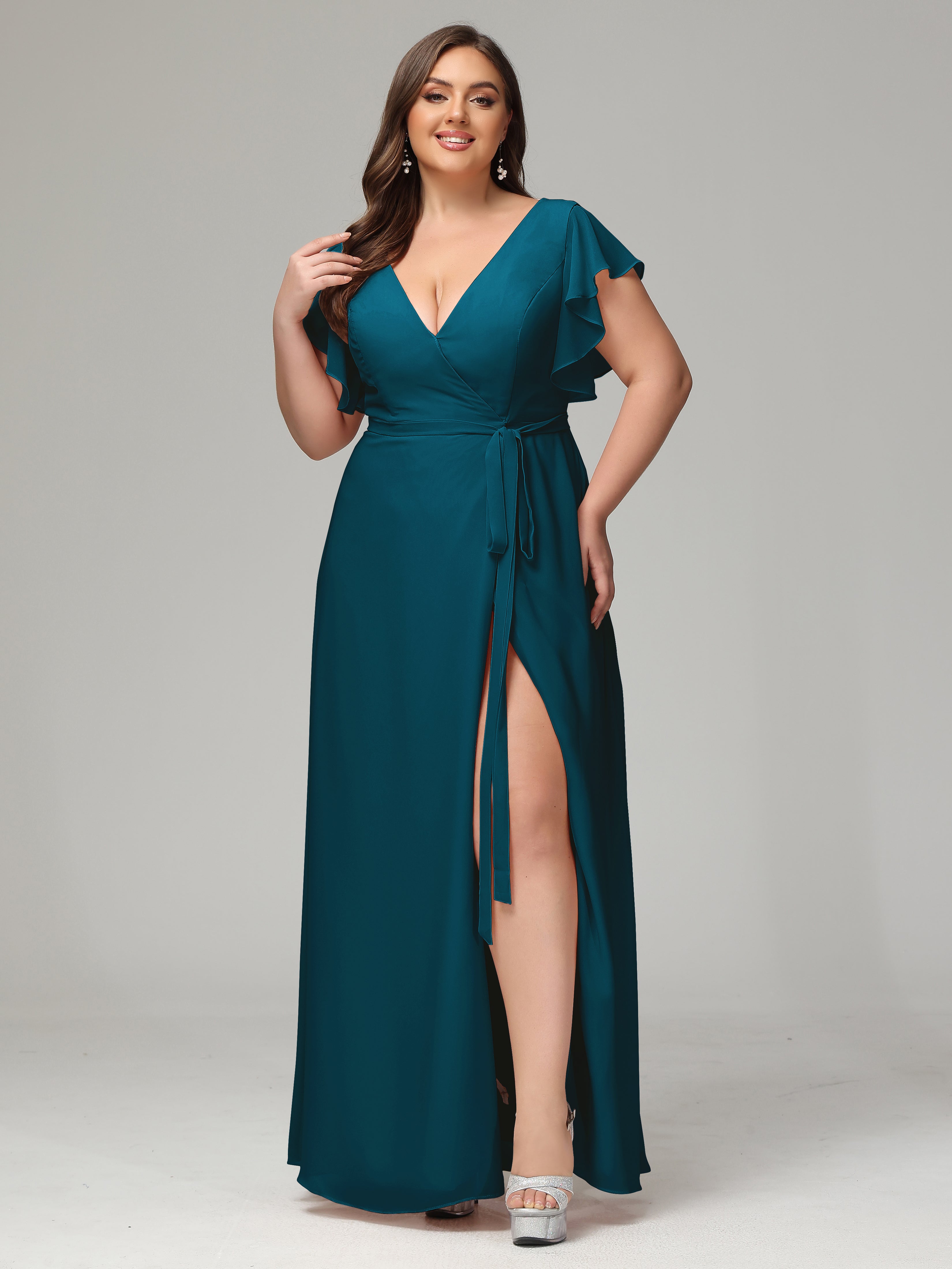 V-neck & Ruffled Sleeves Chiffon Bridesmaid Dress Plus Size