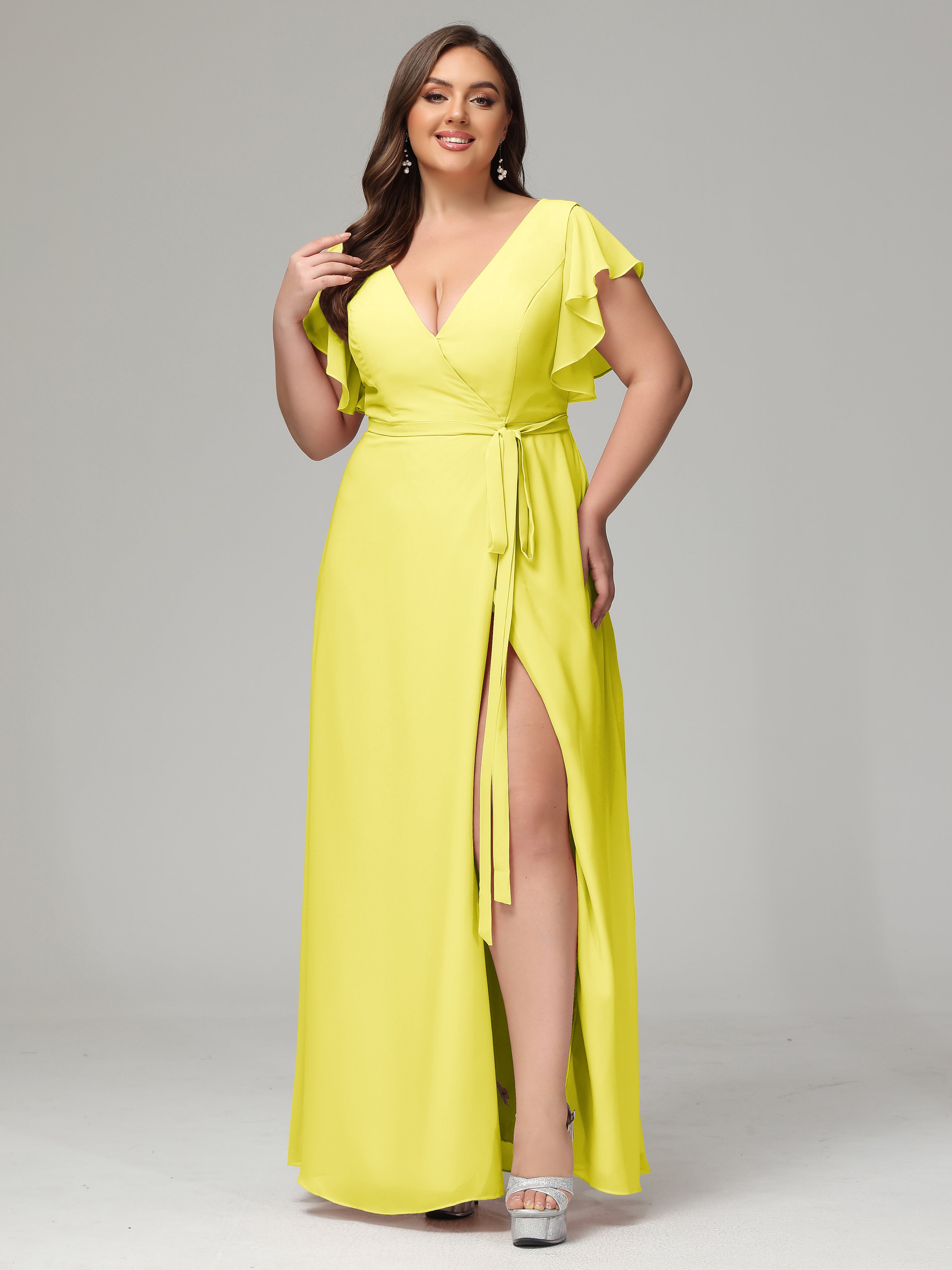 V-neck & Ruffled Sleeves Chiffon Bridesmaid Dress Plus Size