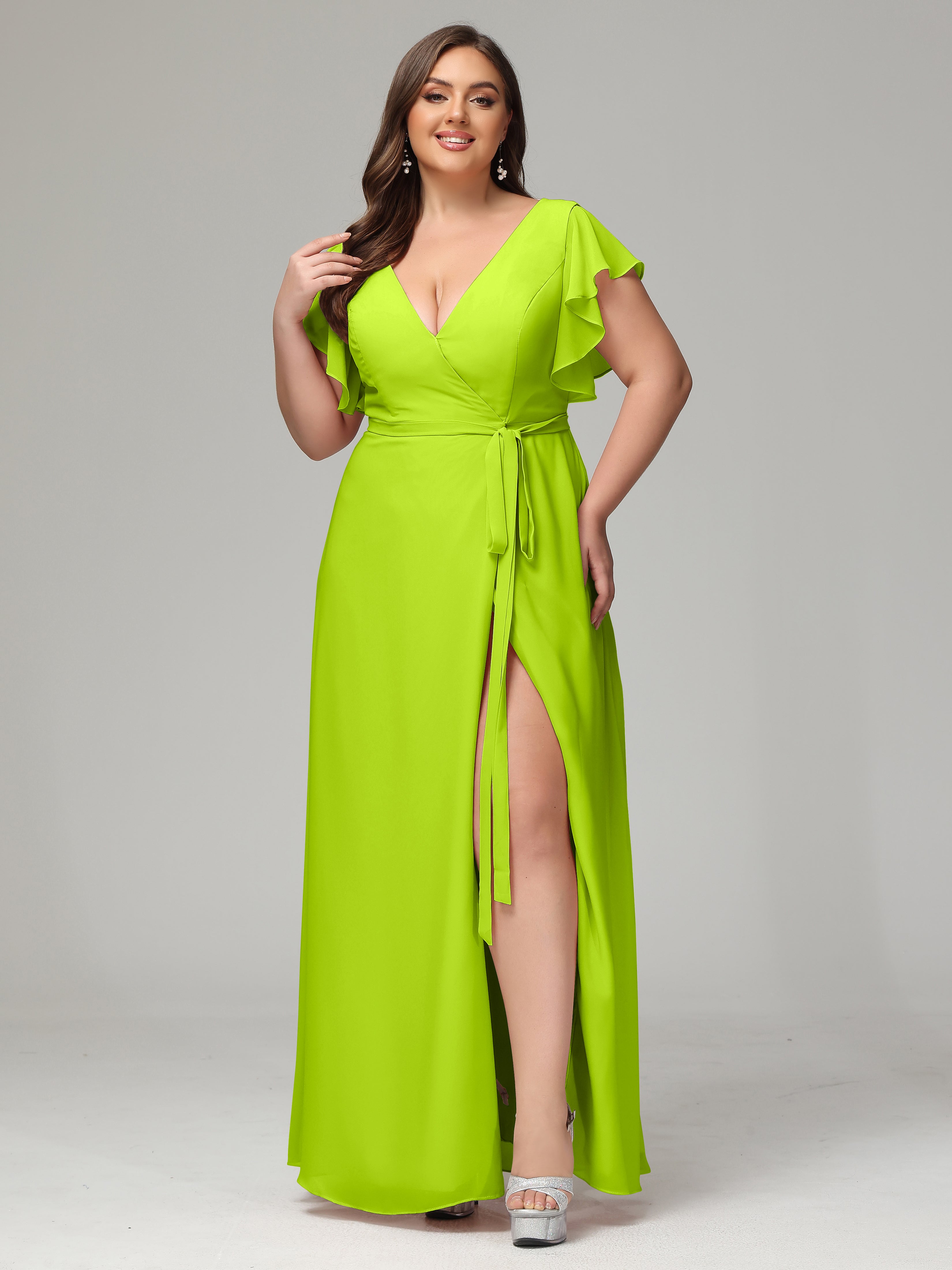 V-neck & Ruffled Sleeves Chiffon Bridesmaid Dress Plus Size