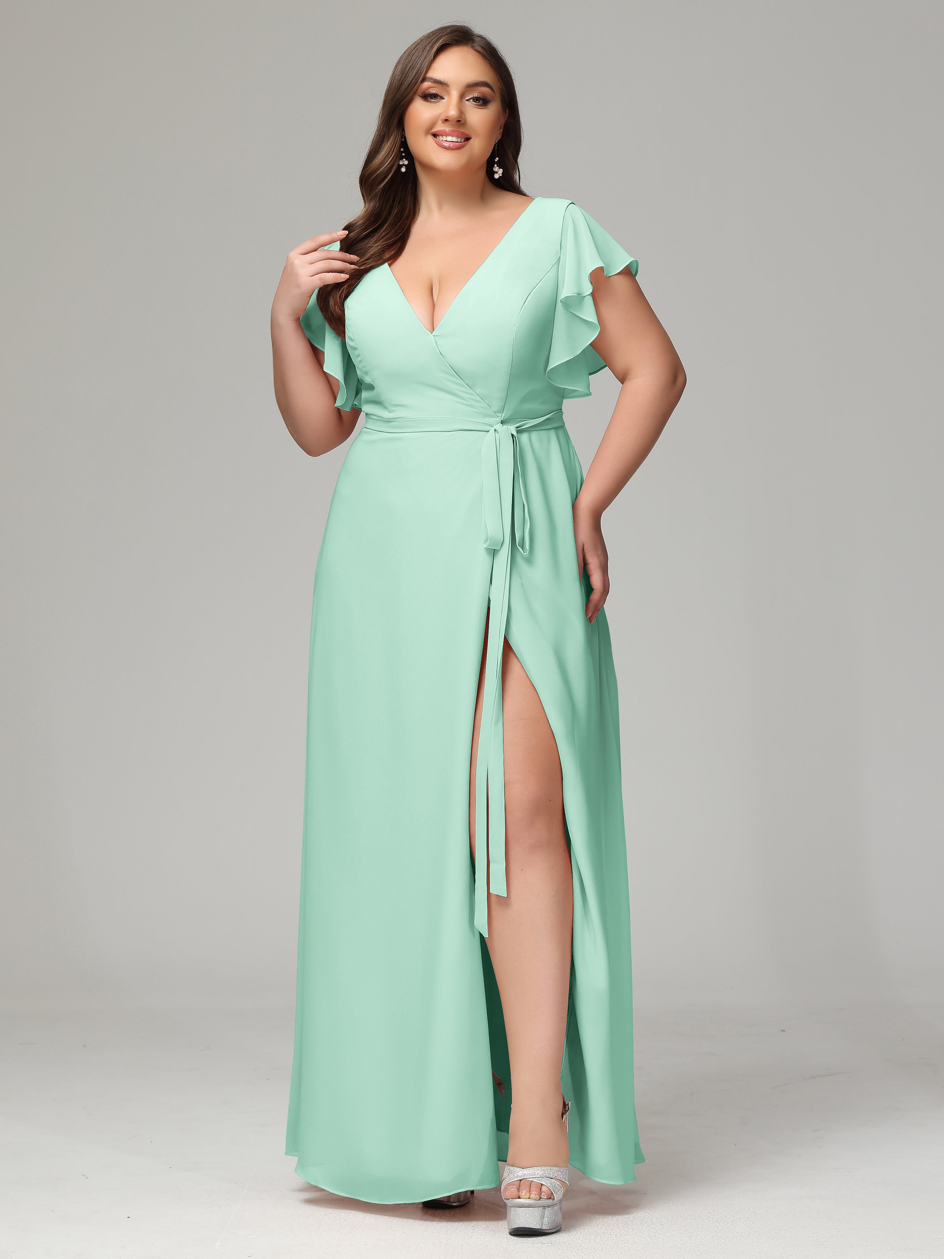 V-neck & Ruffled Sleeves Chiffon Bridesmaid Dress Plus Size