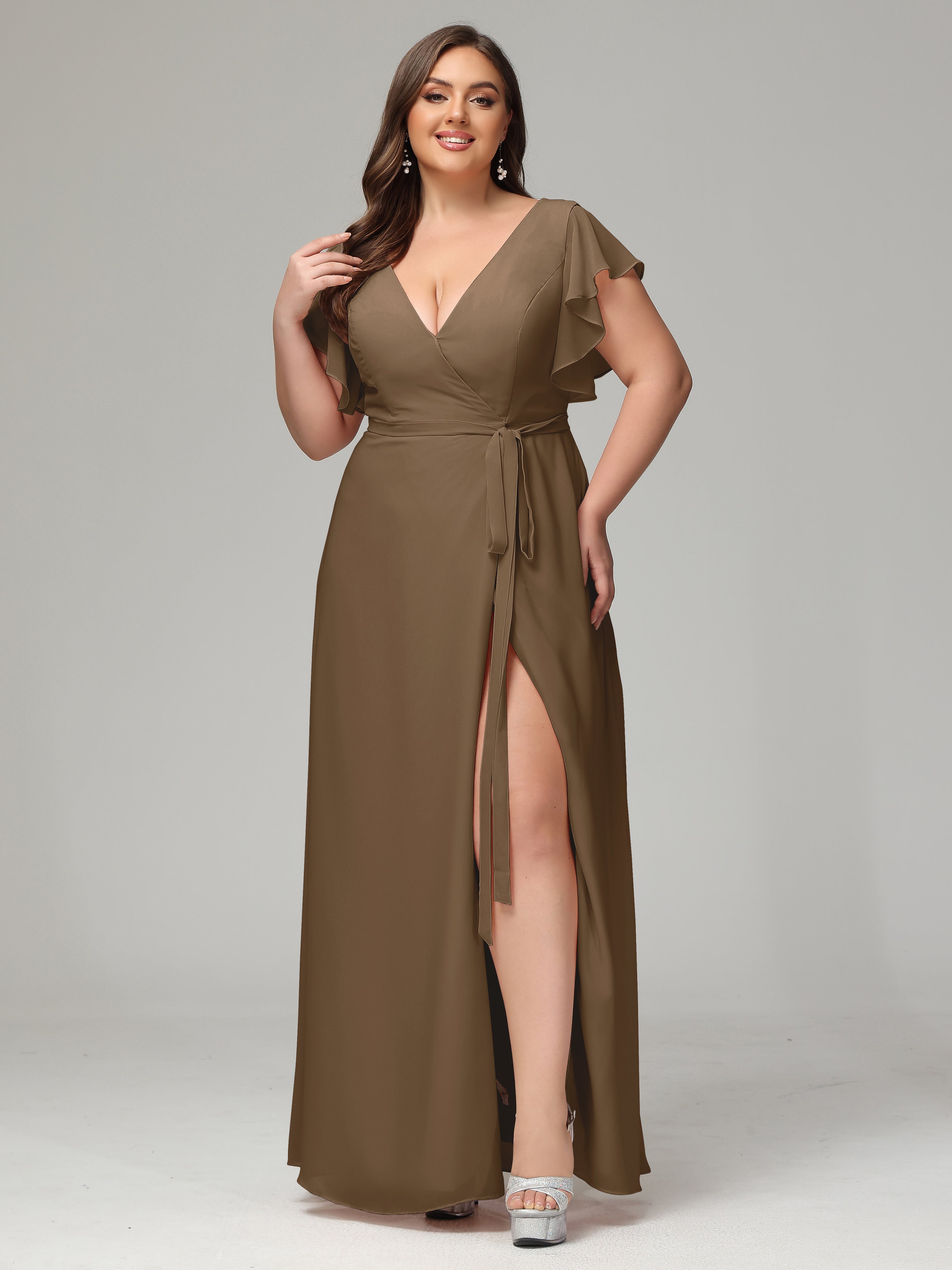 V-neck & Ruffled Sleeves Chiffon Bridesmaid Dress Plus Size