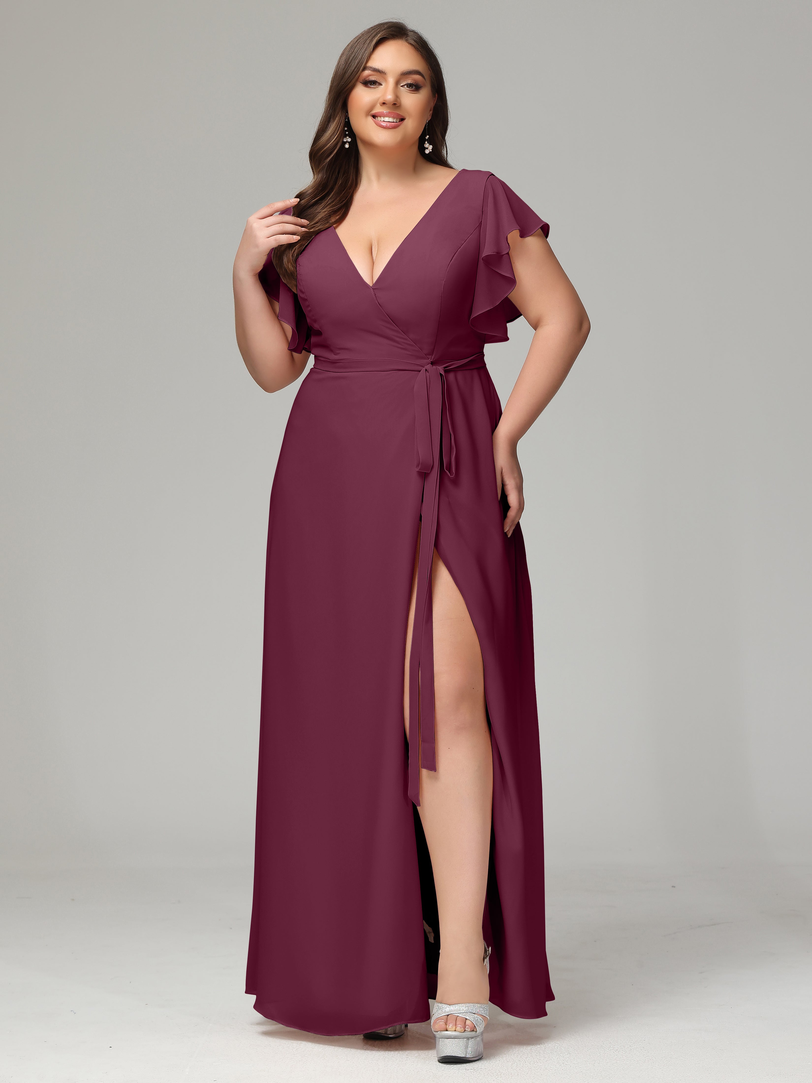 V-neck & Ruffled Sleeves Chiffon Bridesmaid Dress Plus Size