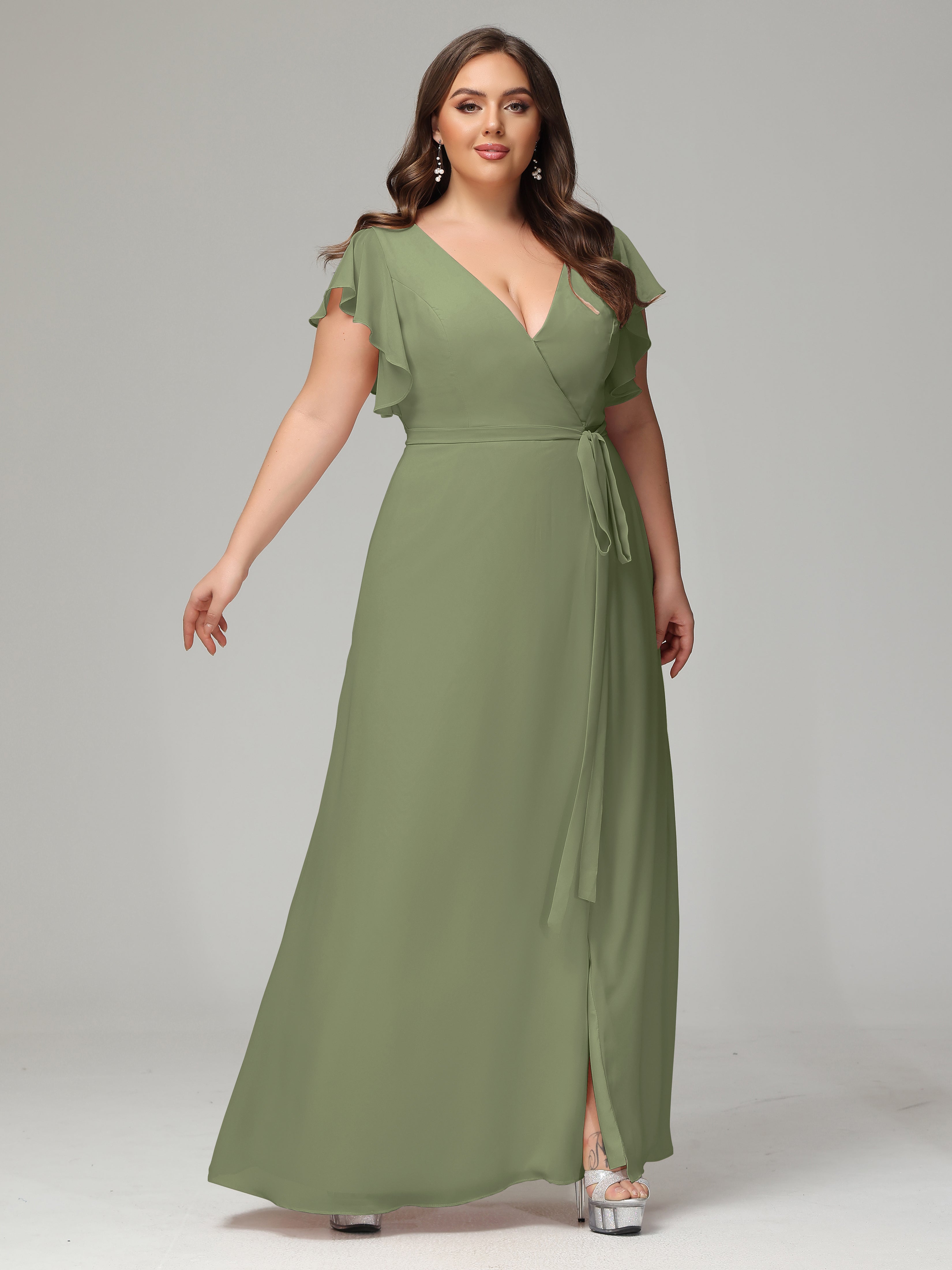 V-neck & Ruffled Sleeves Chiffon Bridesmaid Dress Plus Size