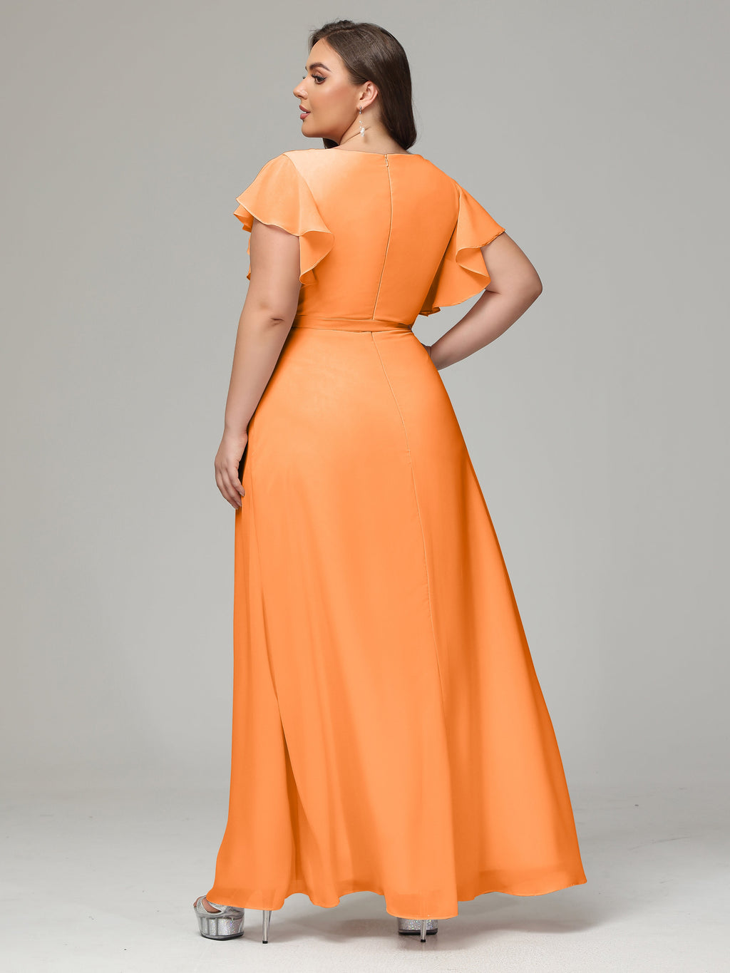 V-neck & Ruffled Sleeves Chiffon Bridesmaid Dress Plus Size