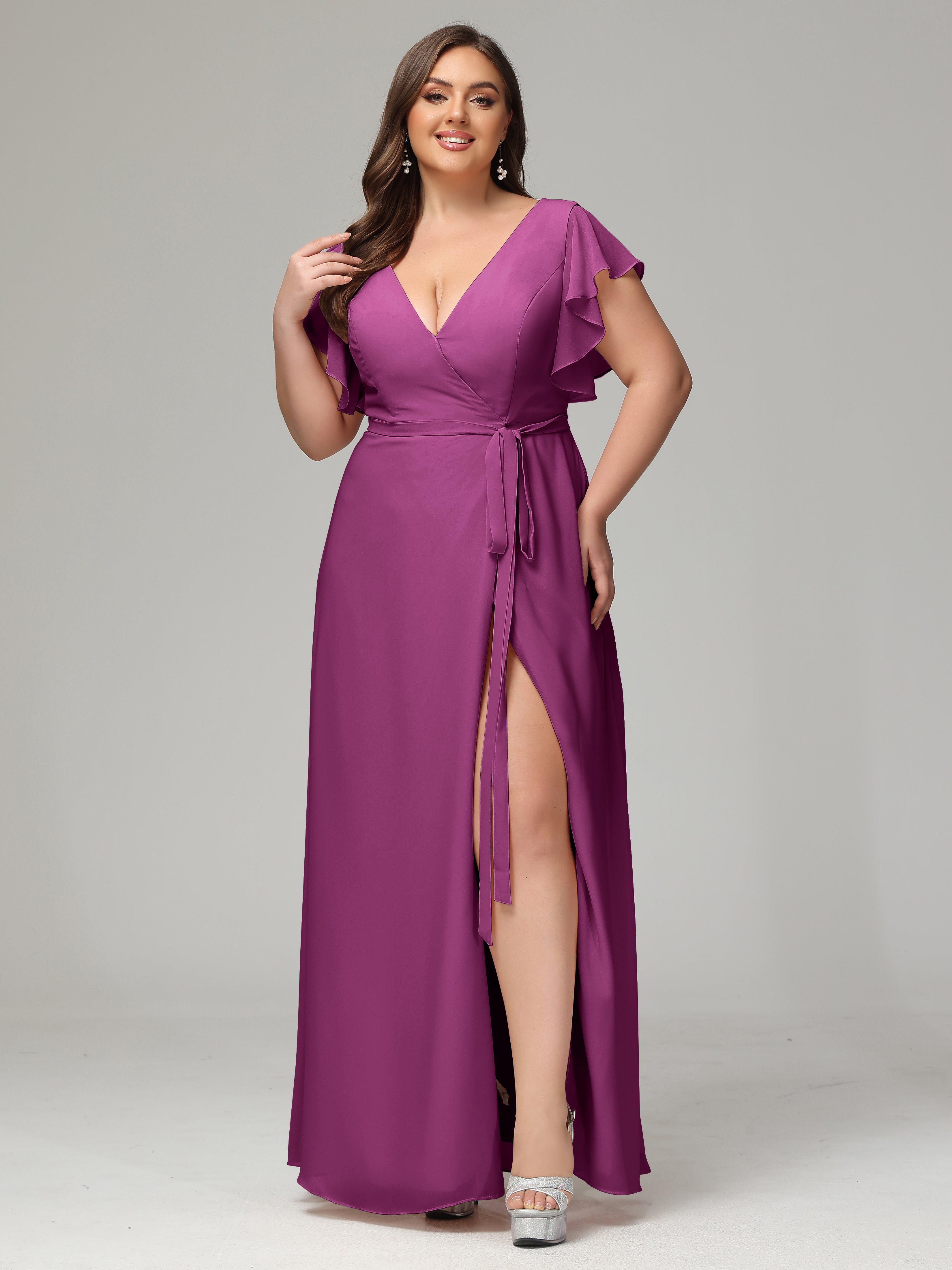 V-neck & Ruffled Sleeves Chiffon Bridesmaid Dress Plus Size