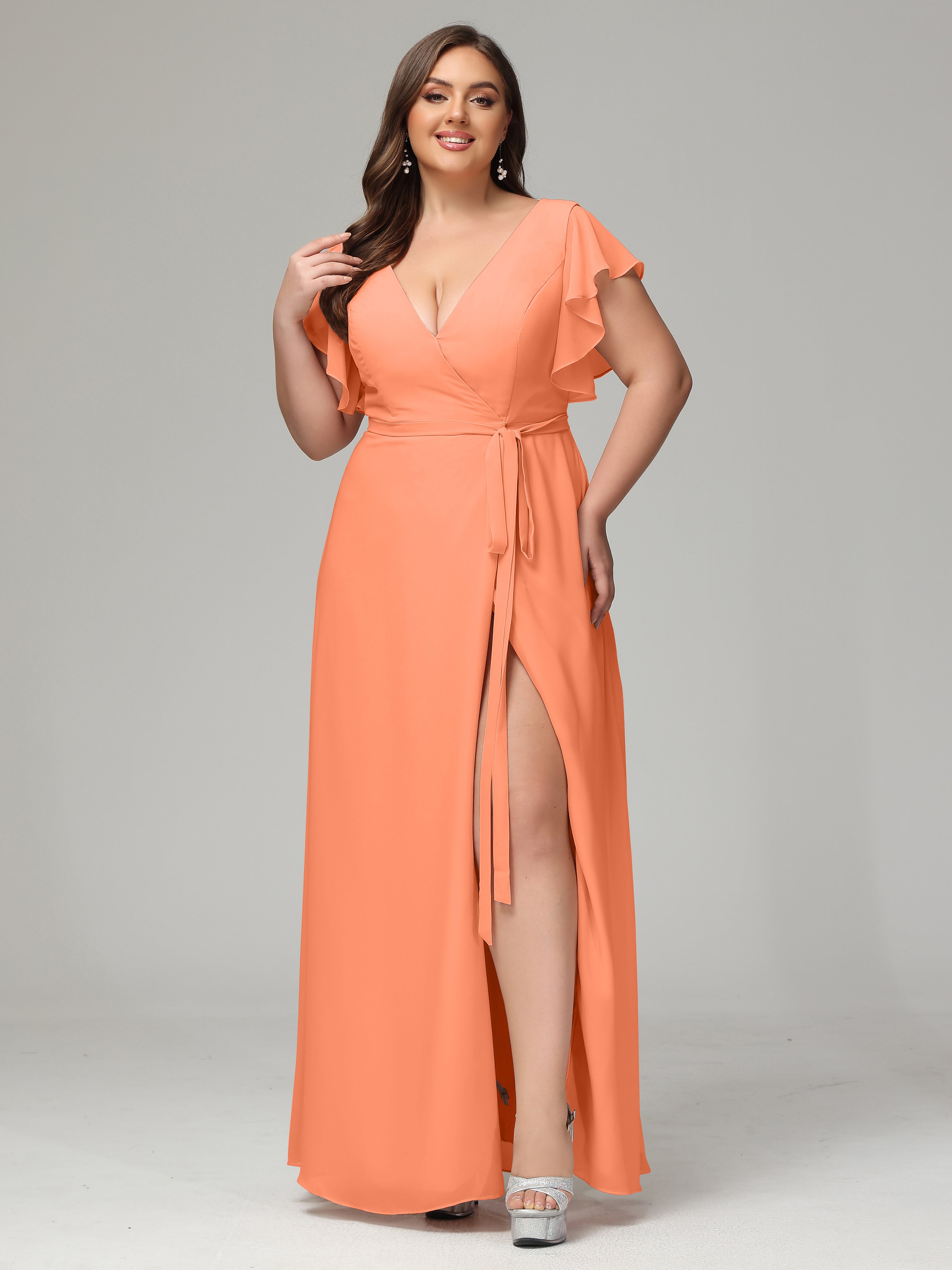 V-neck & Ruffled Sleeves Chiffon Bridesmaid Dress Plus Size