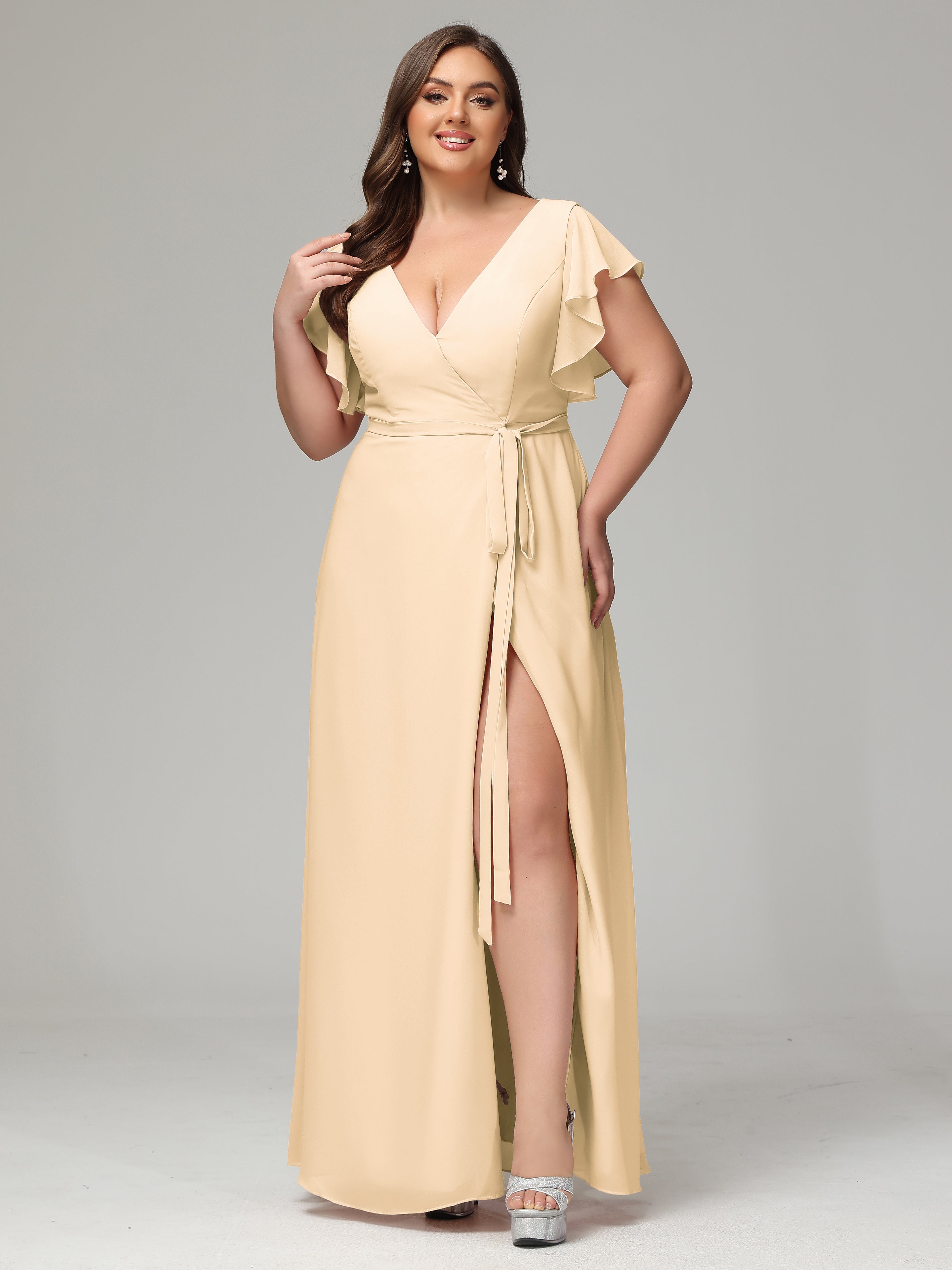 V-neck & Ruffled Sleeves Chiffon Bridesmaid Dress Plus Size