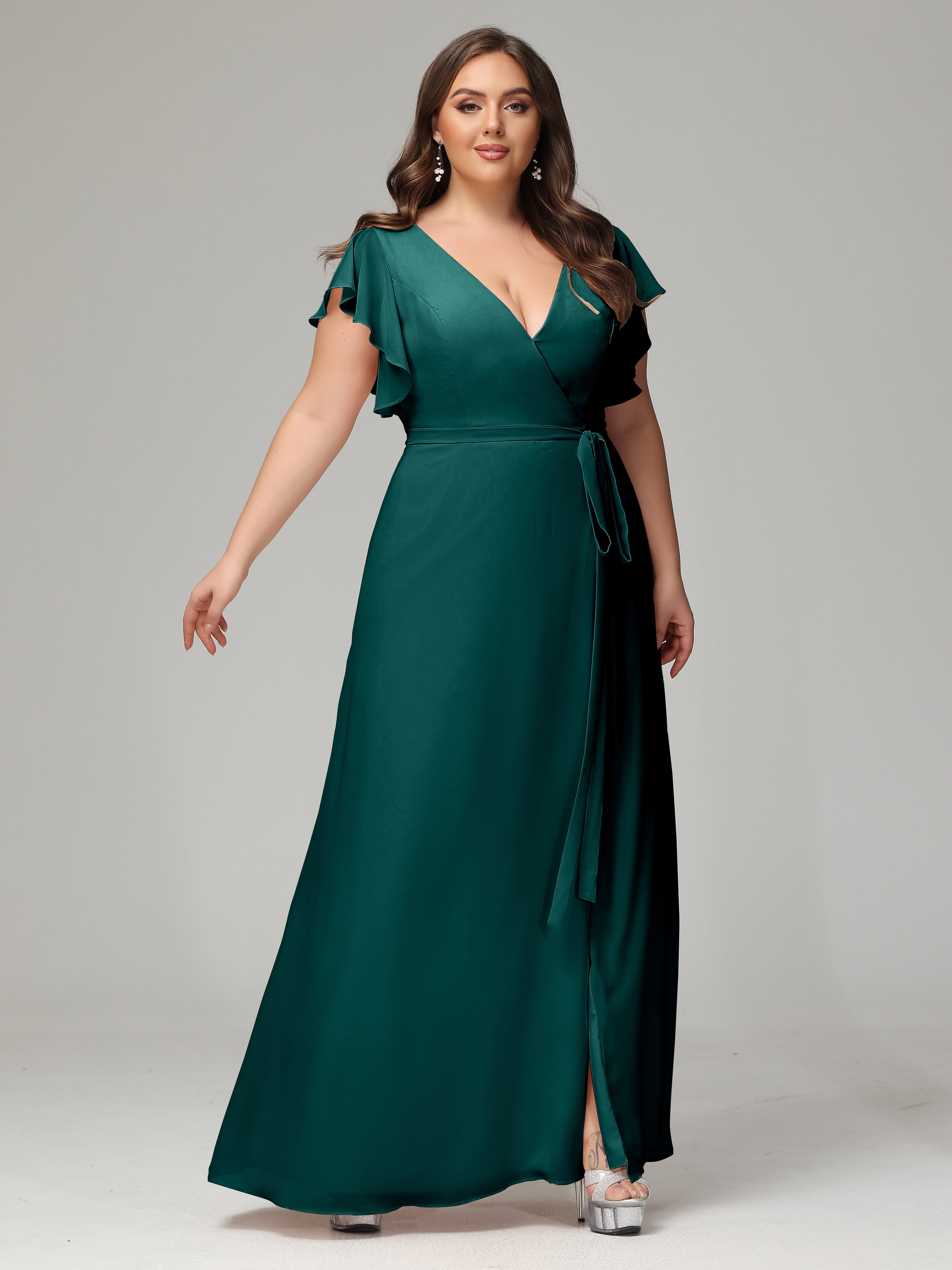 V-neck & Ruffled Sleeves Chiffon Bridesmaid Dress Plus Size