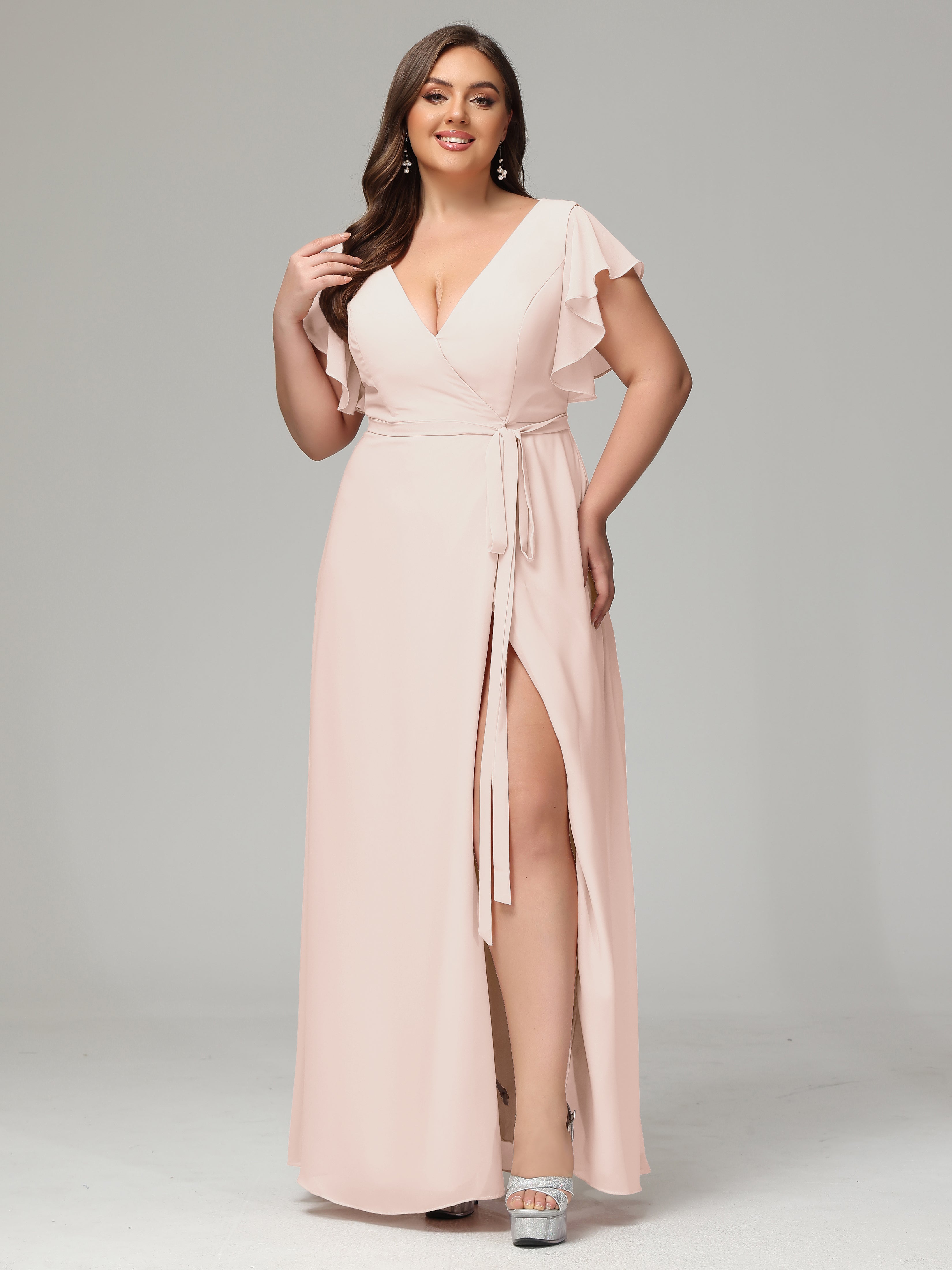 V-neck & Ruffled Sleeves Chiffon Bridesmaid Dress Plus Size