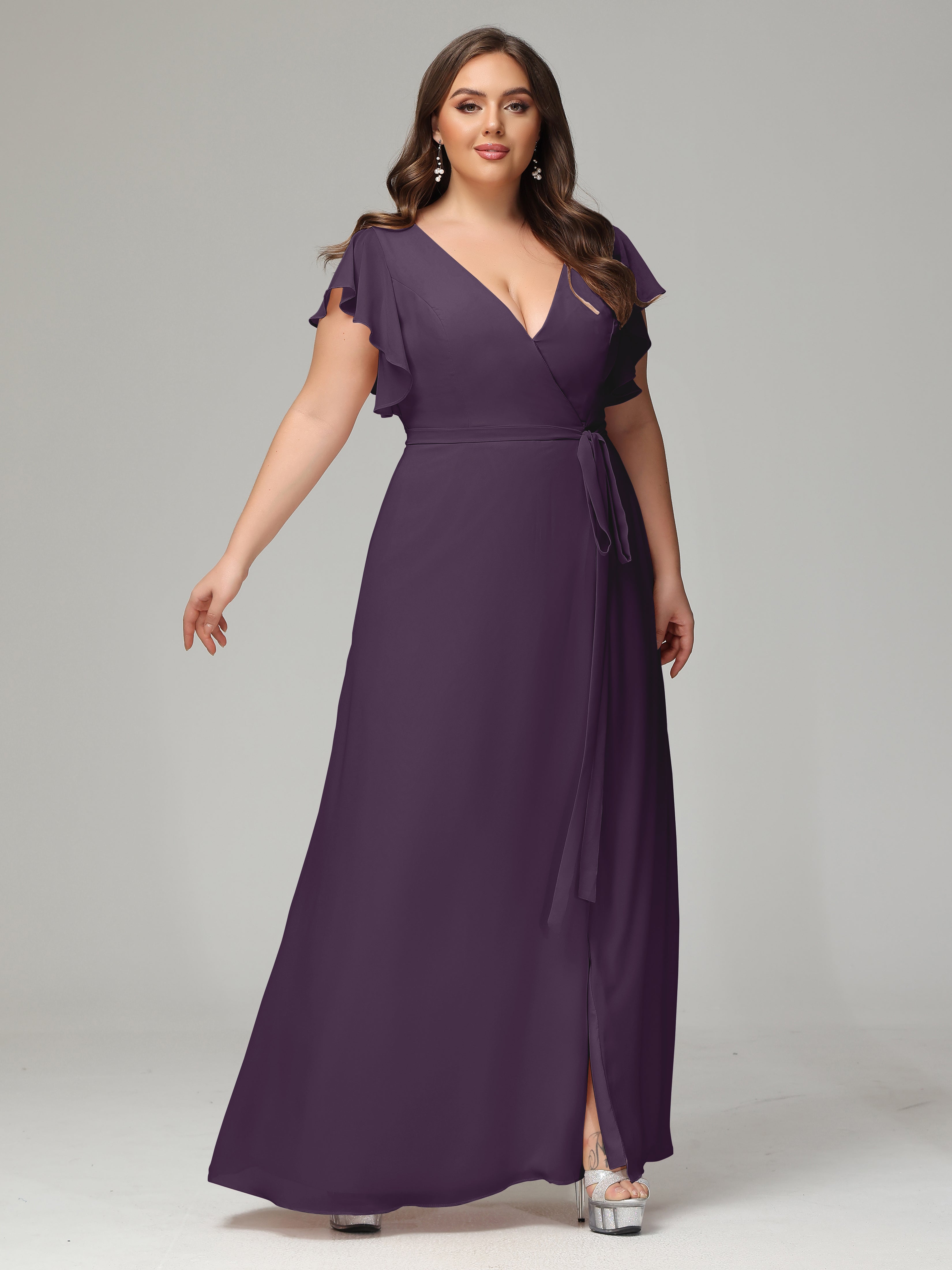 V-neck & Ruffled Sleeves Chiffon Bridesmaid Dress Plus Size