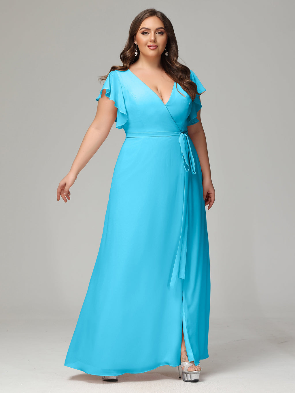 V-neck & Ruffled Sleeves Chiffon Bridesmaid Dress Plus Size