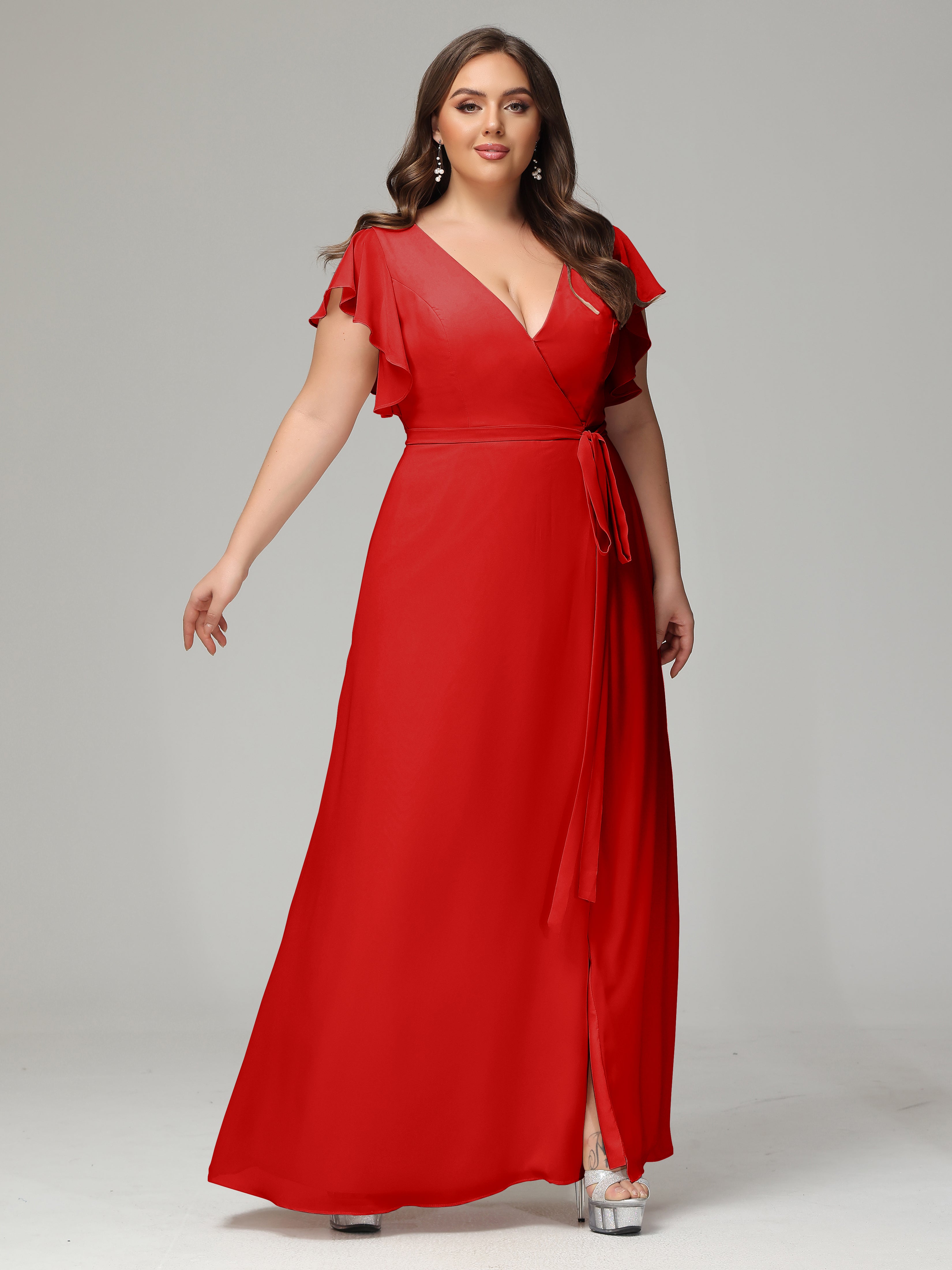 V-neck & Ruffled Sleeves Chiffon Bridesmaid Dress Plus Size