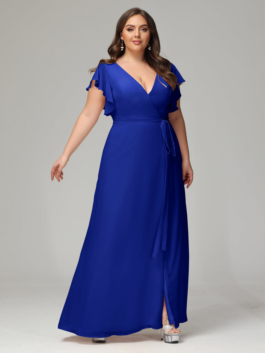 V-neck & Ruffled Sleeves Chiffon Bridesmaid Dress Plus Size