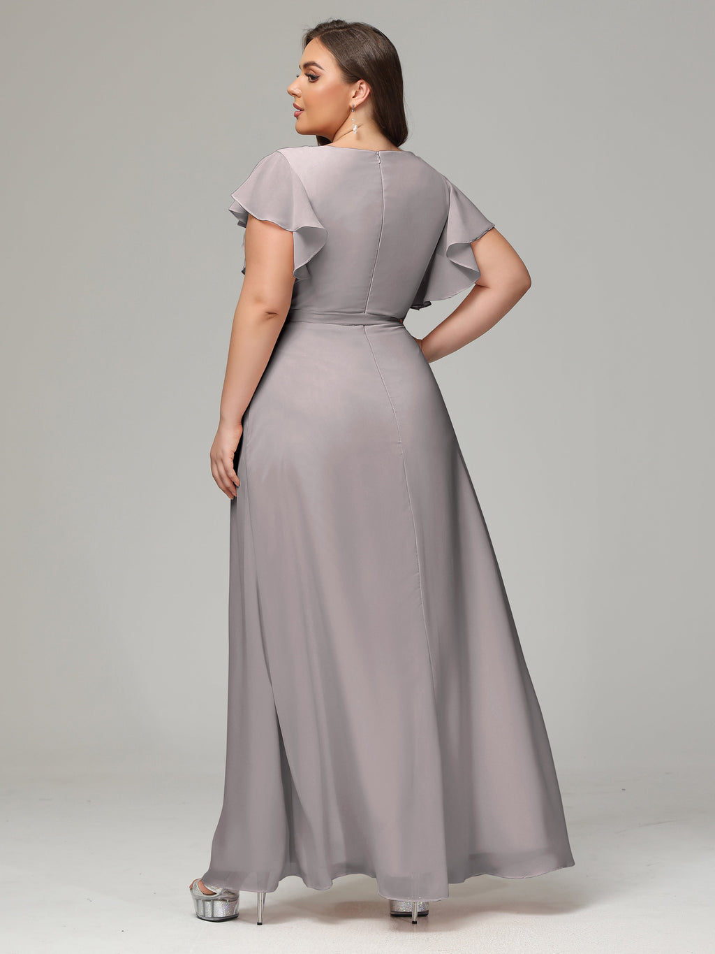 V-neck & Ruffled Sleeves Chiffon Bridesmaid Dress Plus Size