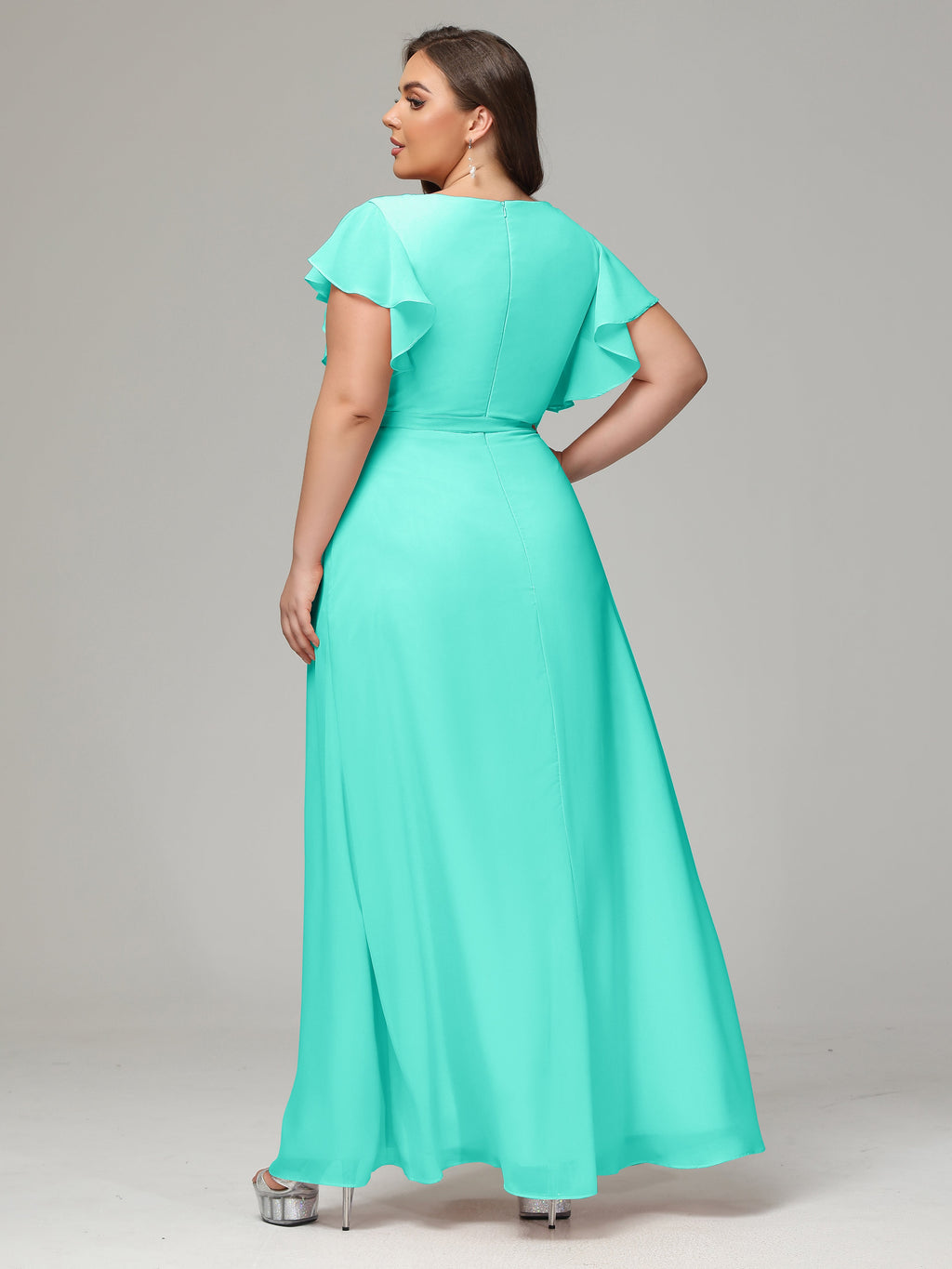 V-neck & Ruffled Sleeves Chiffon Bridesmaid Dress Plus Size