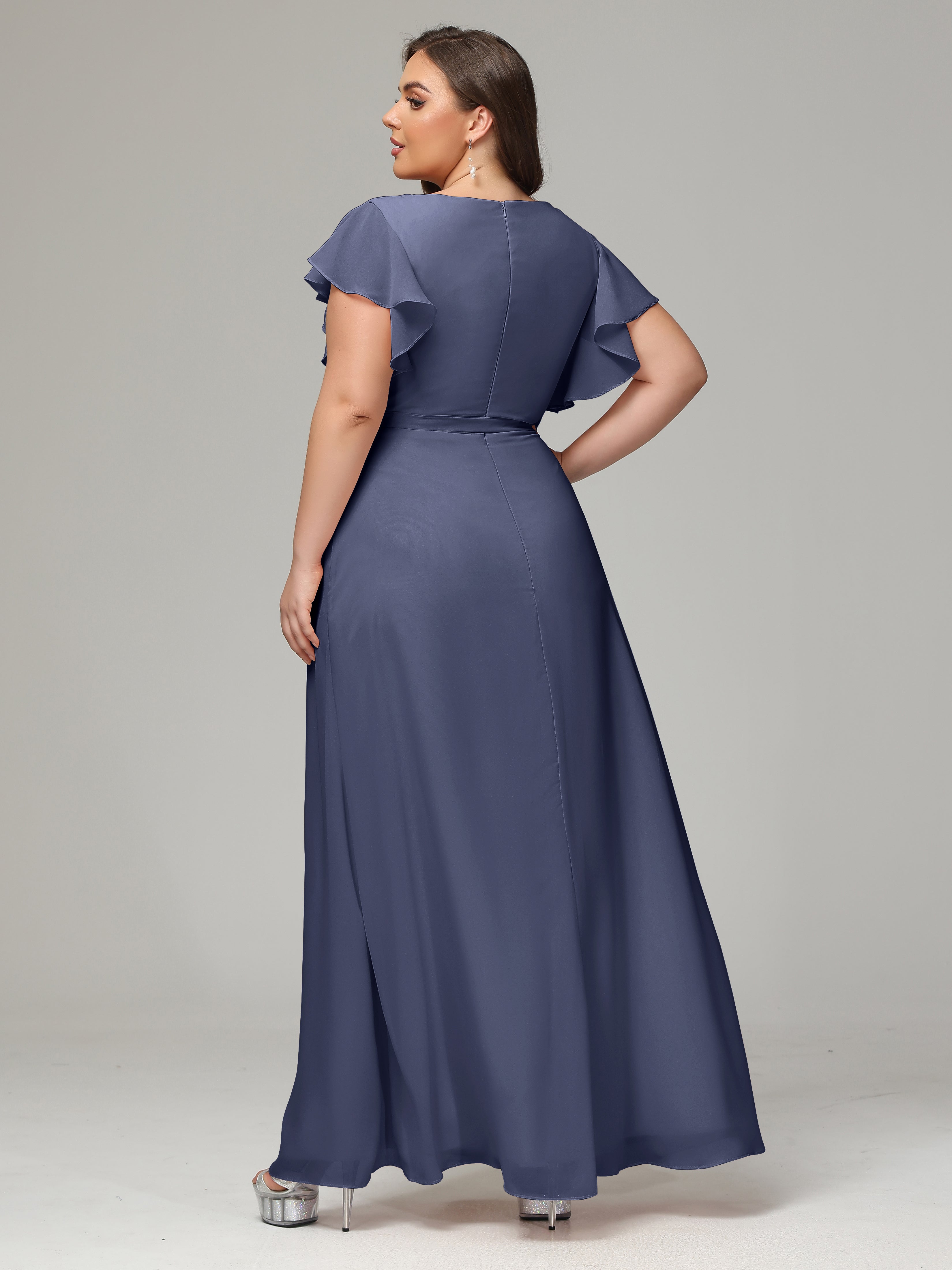 V-neck & Ruffled Sleeves Chiffon Bridesmaid Dress Plus Size