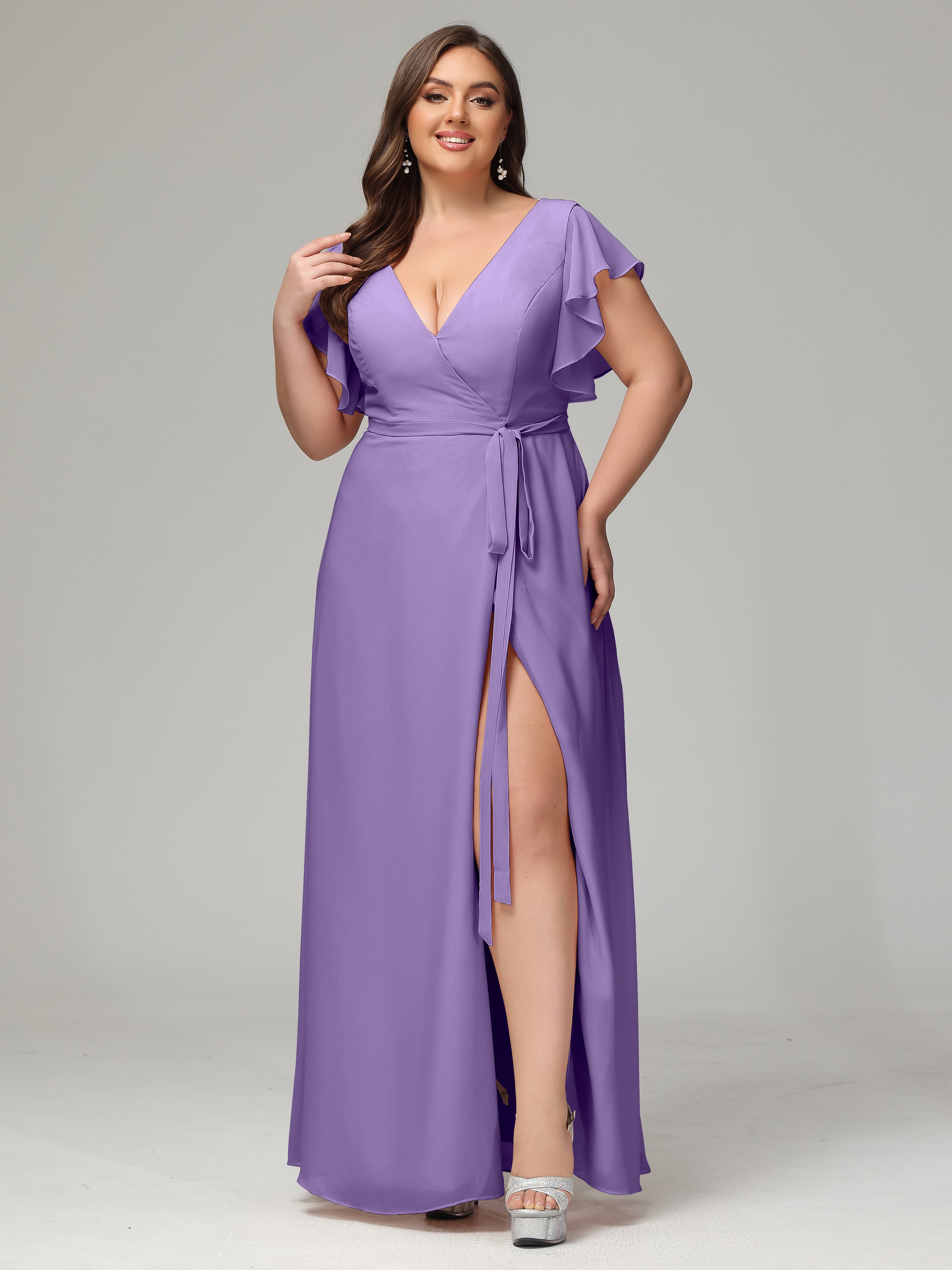 V-neck & Ruffled Sleeves Chiffon Bridesmaid Dress Plus Size