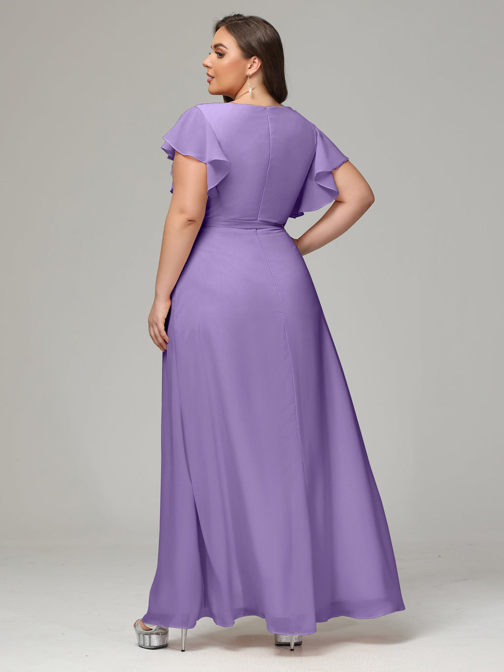 V-neck & Ruffled Sleeves Chiffon Bridesmaid Dress Plus Size