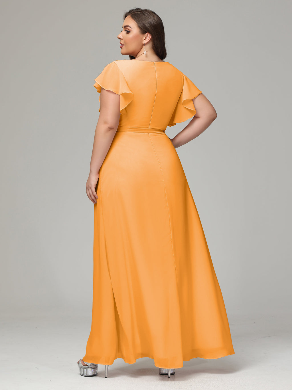 V-neck & Ruffled Sleeves Chiffon Bridesmaid Dress Plus Size