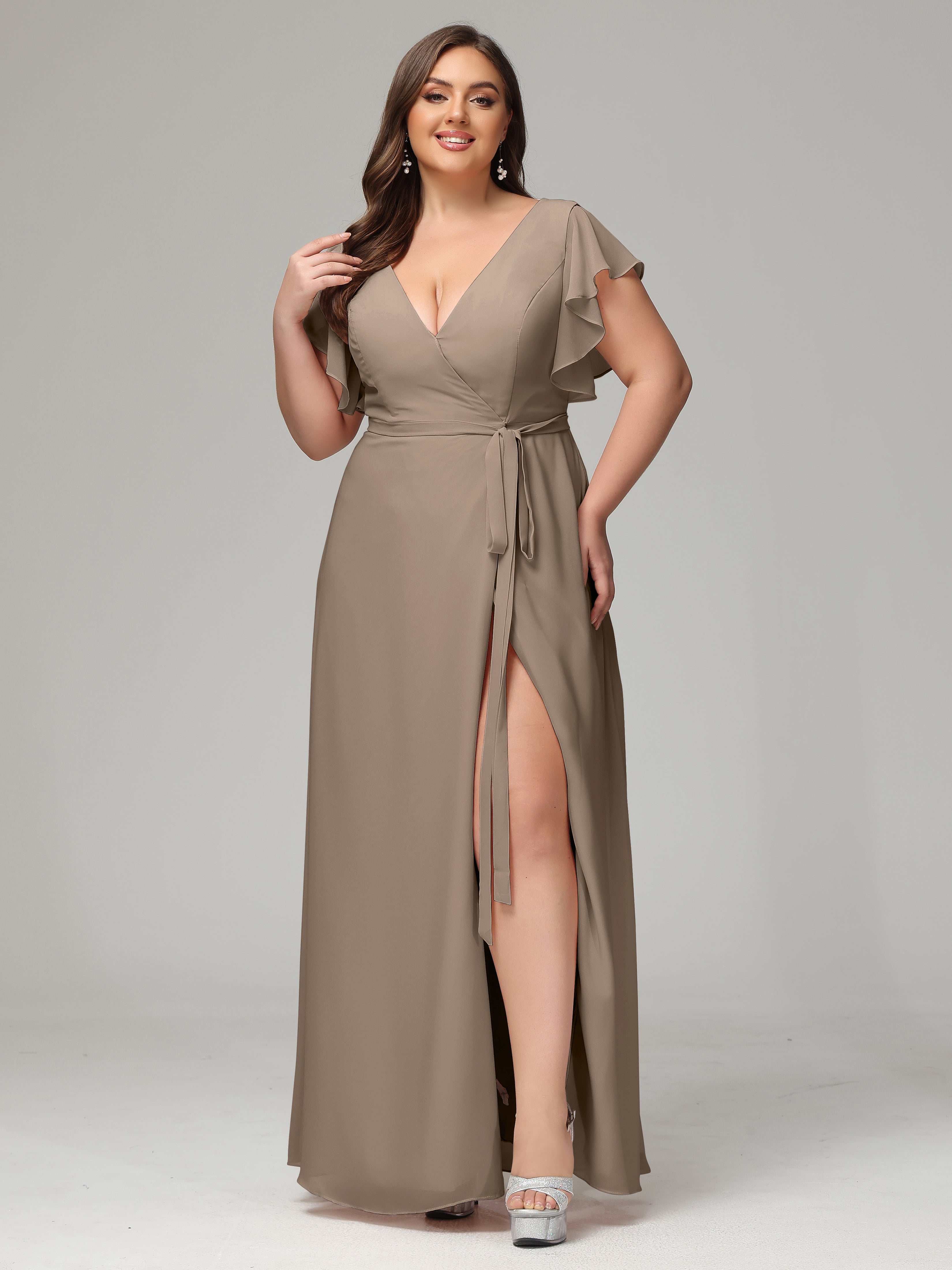 V-neck & Ruffled Sleeves Chiffon Bridesmaid Dress Plus Size