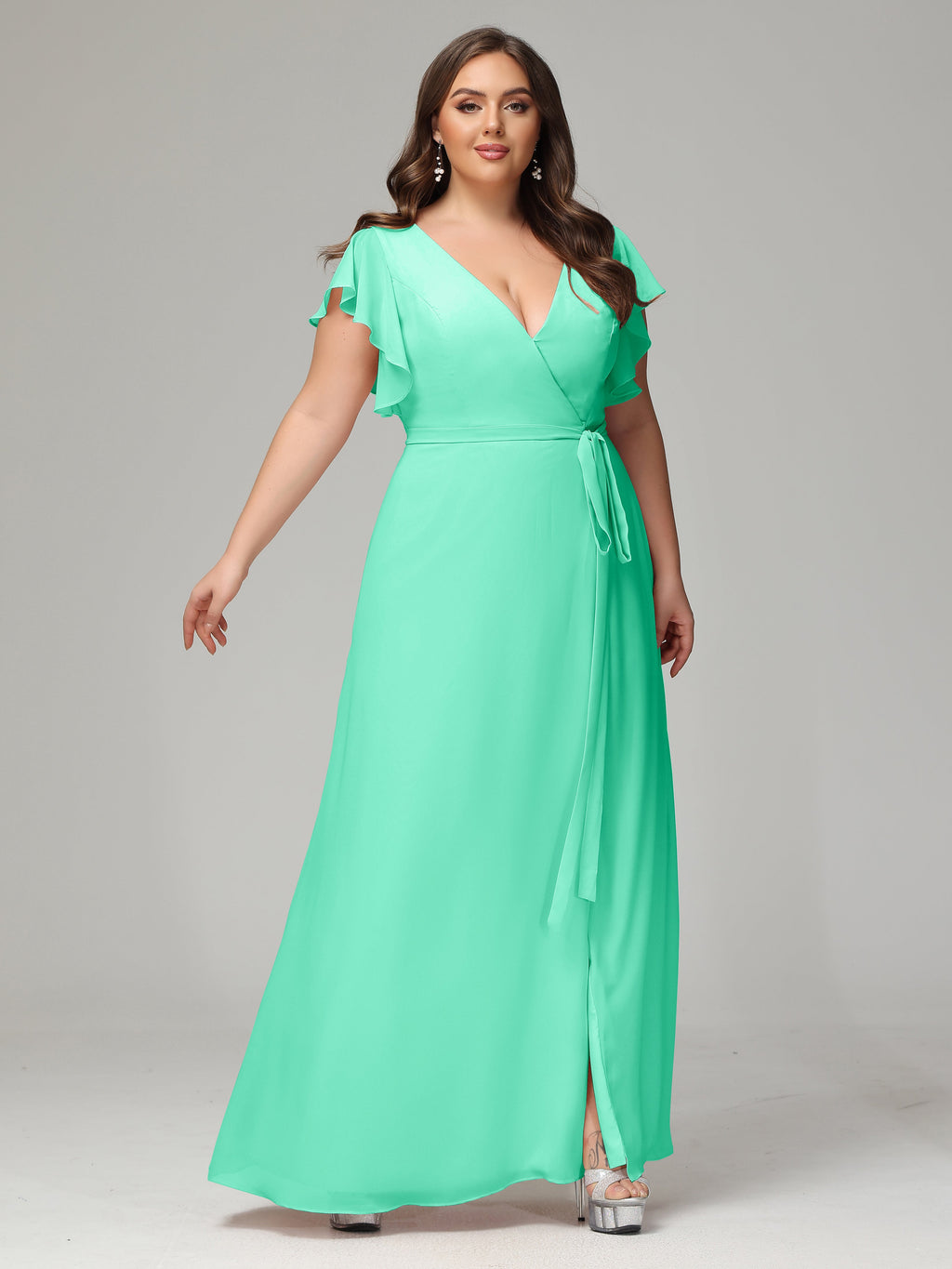 V-neck & Ruffled Sleeves Chiffon Bridesmaid Dress Plus Size