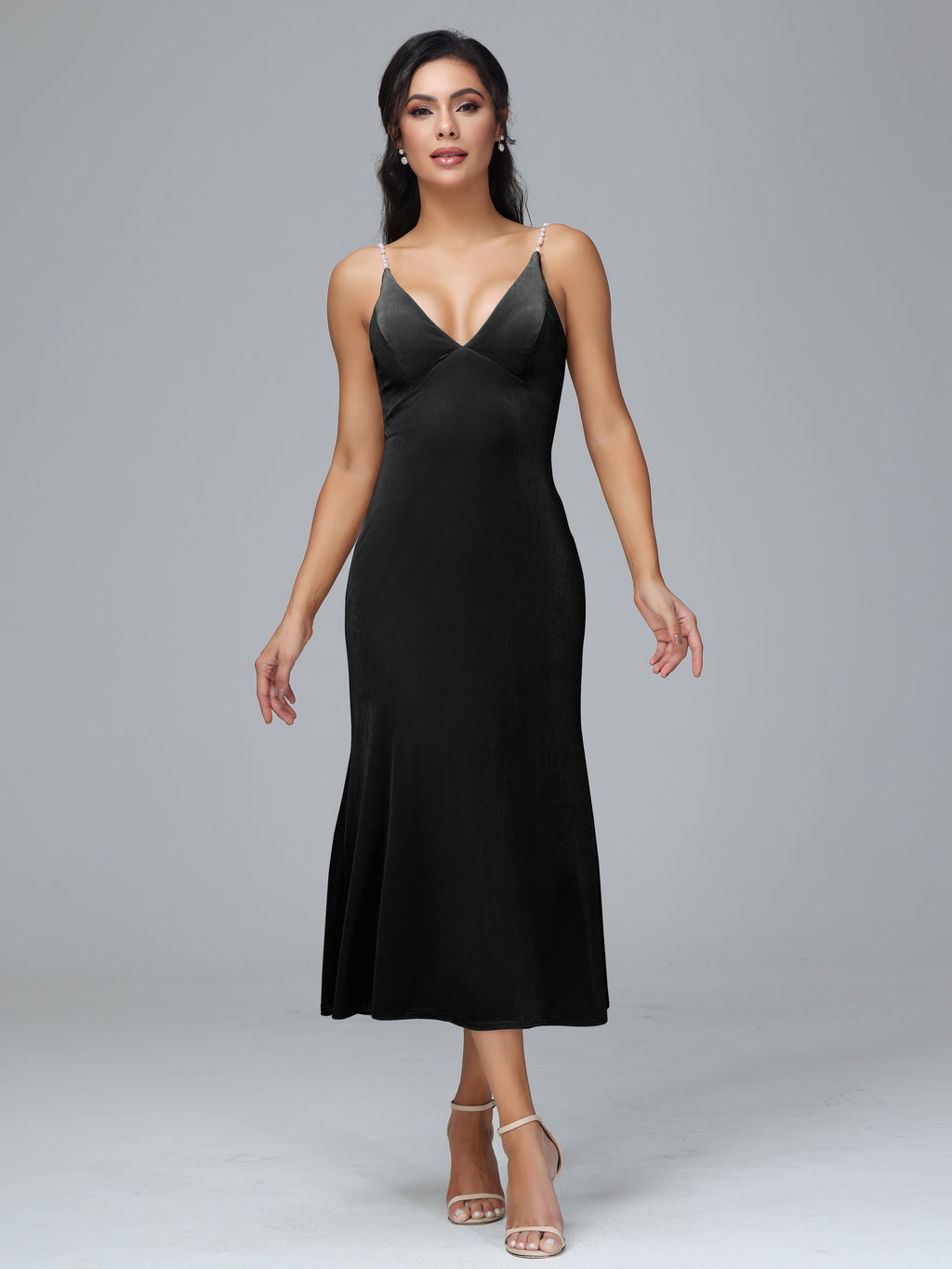 V Neck Spaghetti Straps Velvet Bridesmaid Dress