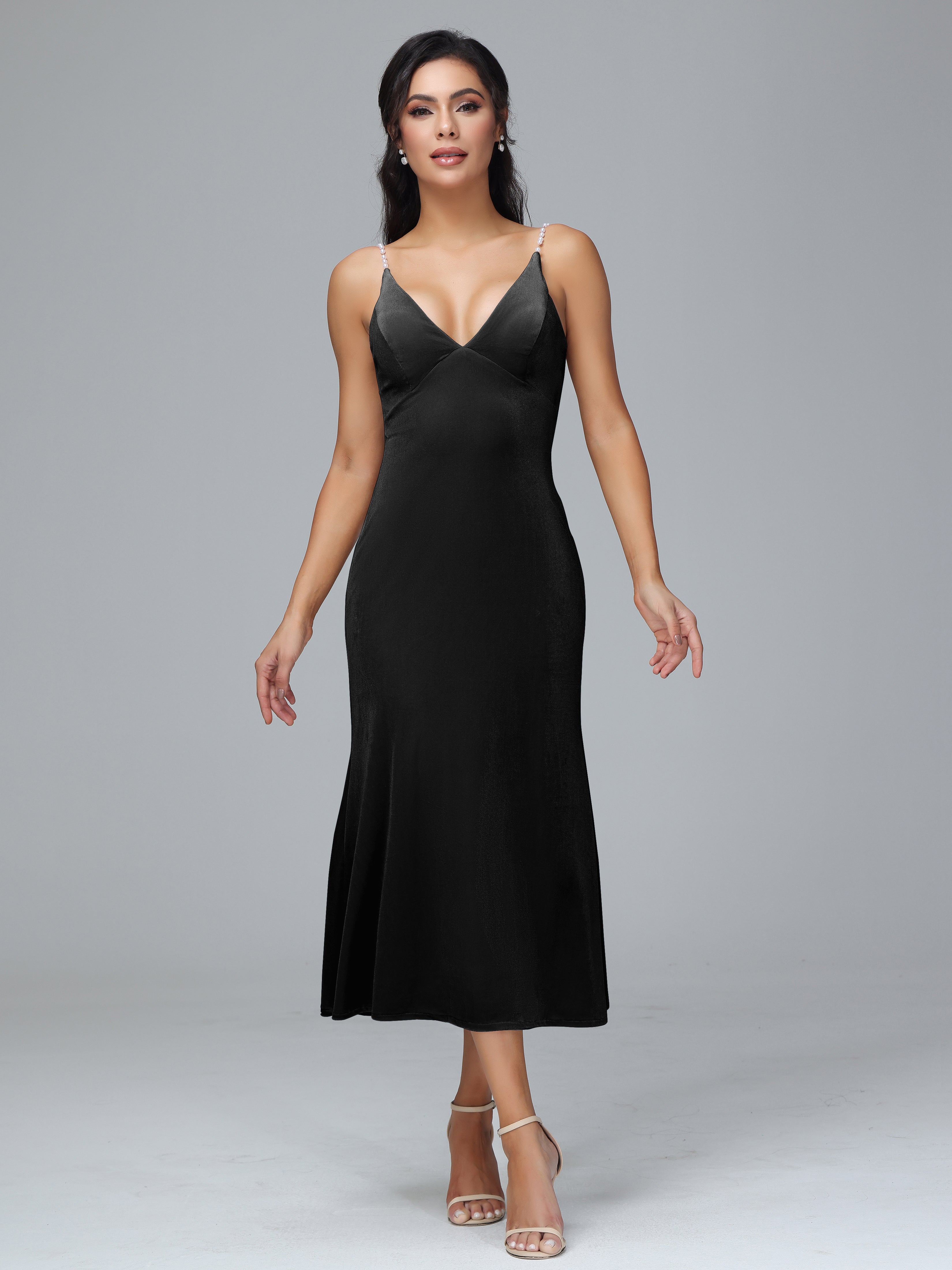 V Neck Spaghetti Straps Plus Size Velvet Bridesmaid Dress