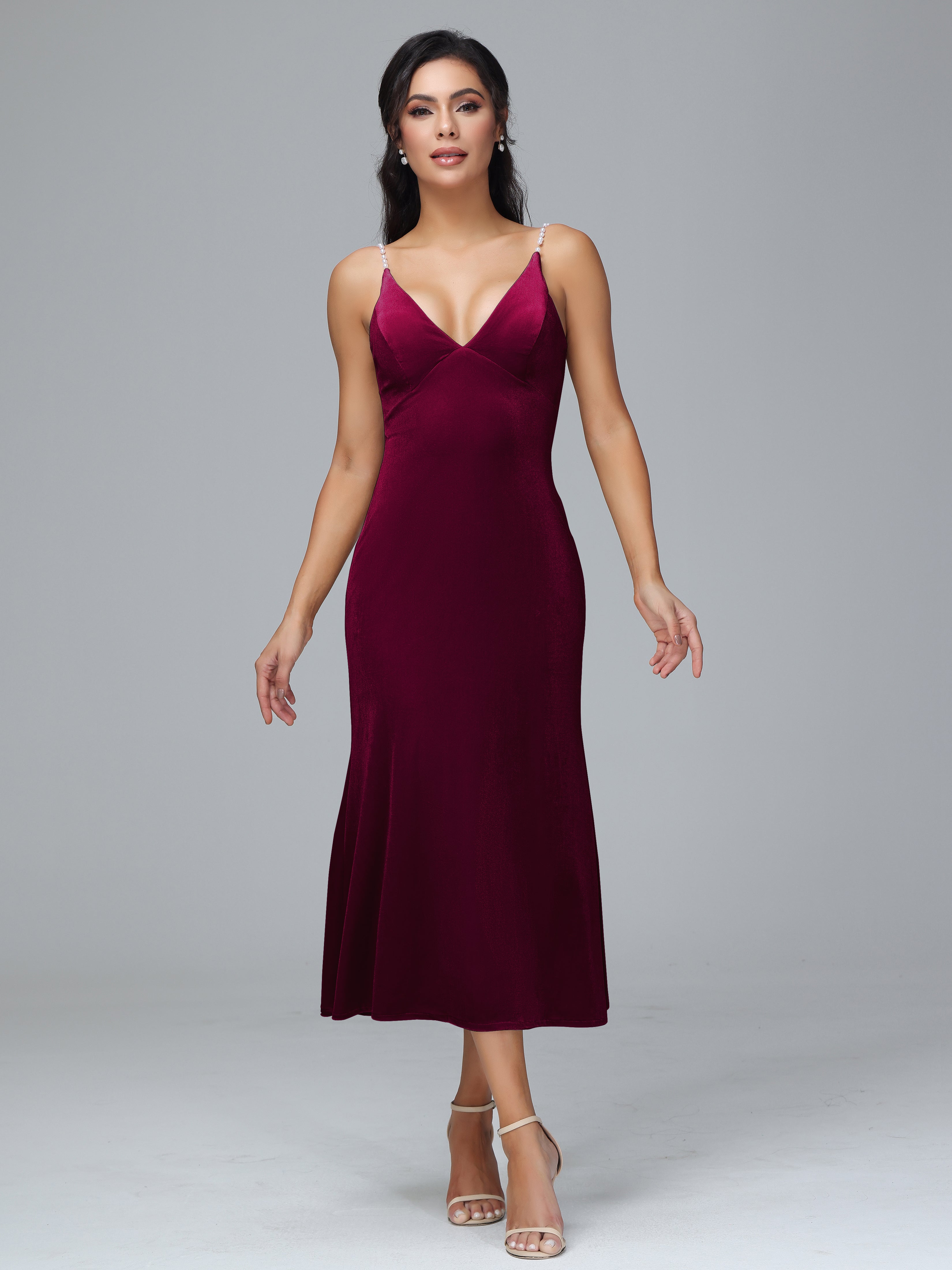 V Neck Spaghetti Straps Plus Size Velvet Bridesmaid Dress