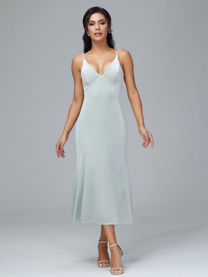 V Neck Spaghetti Straps Velvet Bridesmaid Dress
