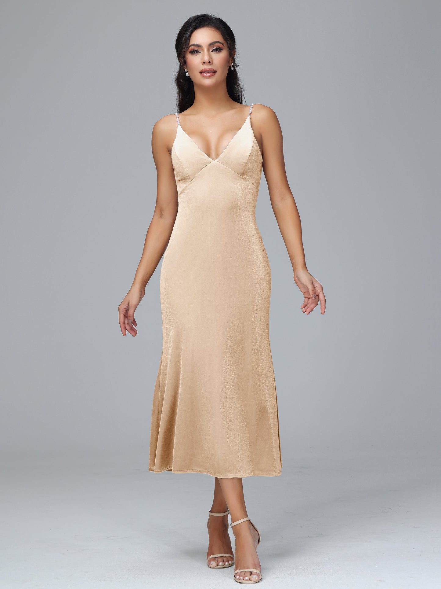 V Neck Spaghetti Straps Velvet Bridesmaid Dress
