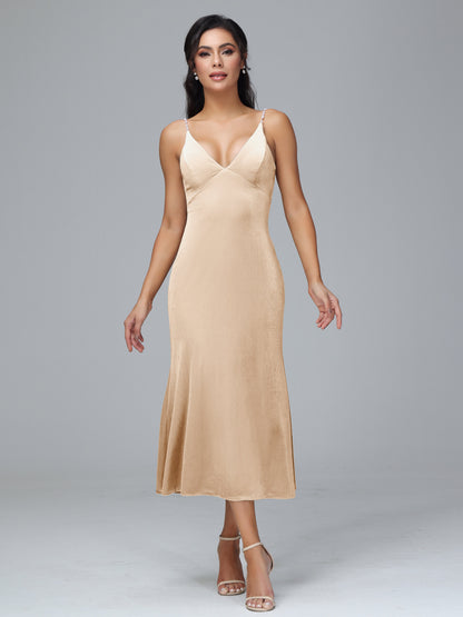 V Neck Spaghetti Straps Velvet Bridesmaid Dress