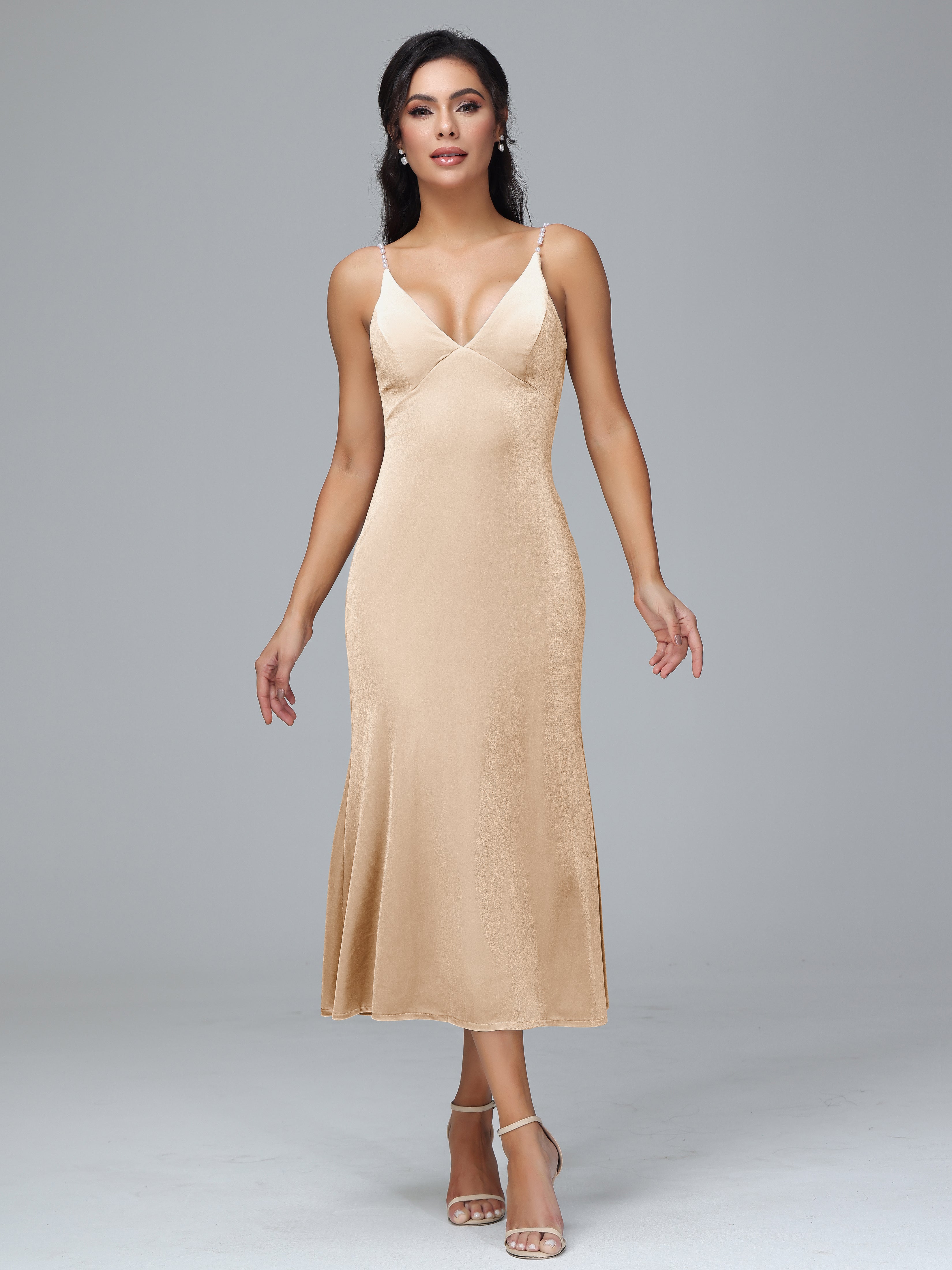 V Neck Spaghetti Straps Plus Size Velvet Bridesmaid Dress