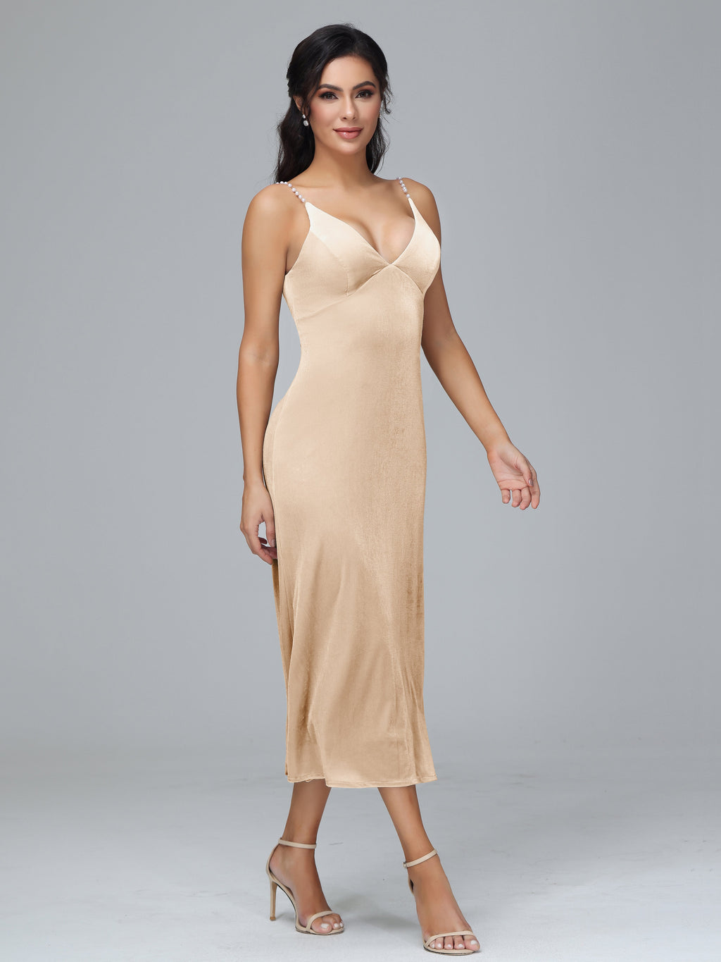 V Neck Spaghetti Straps Velvet Bridesmaid Dress