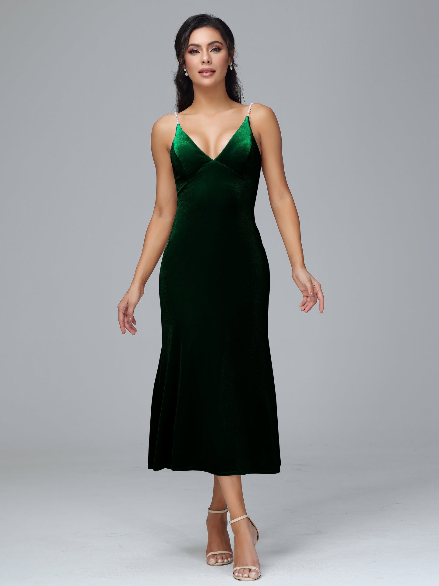 V Neck Spaghetti Straps Velvet Bridesmaid Dress