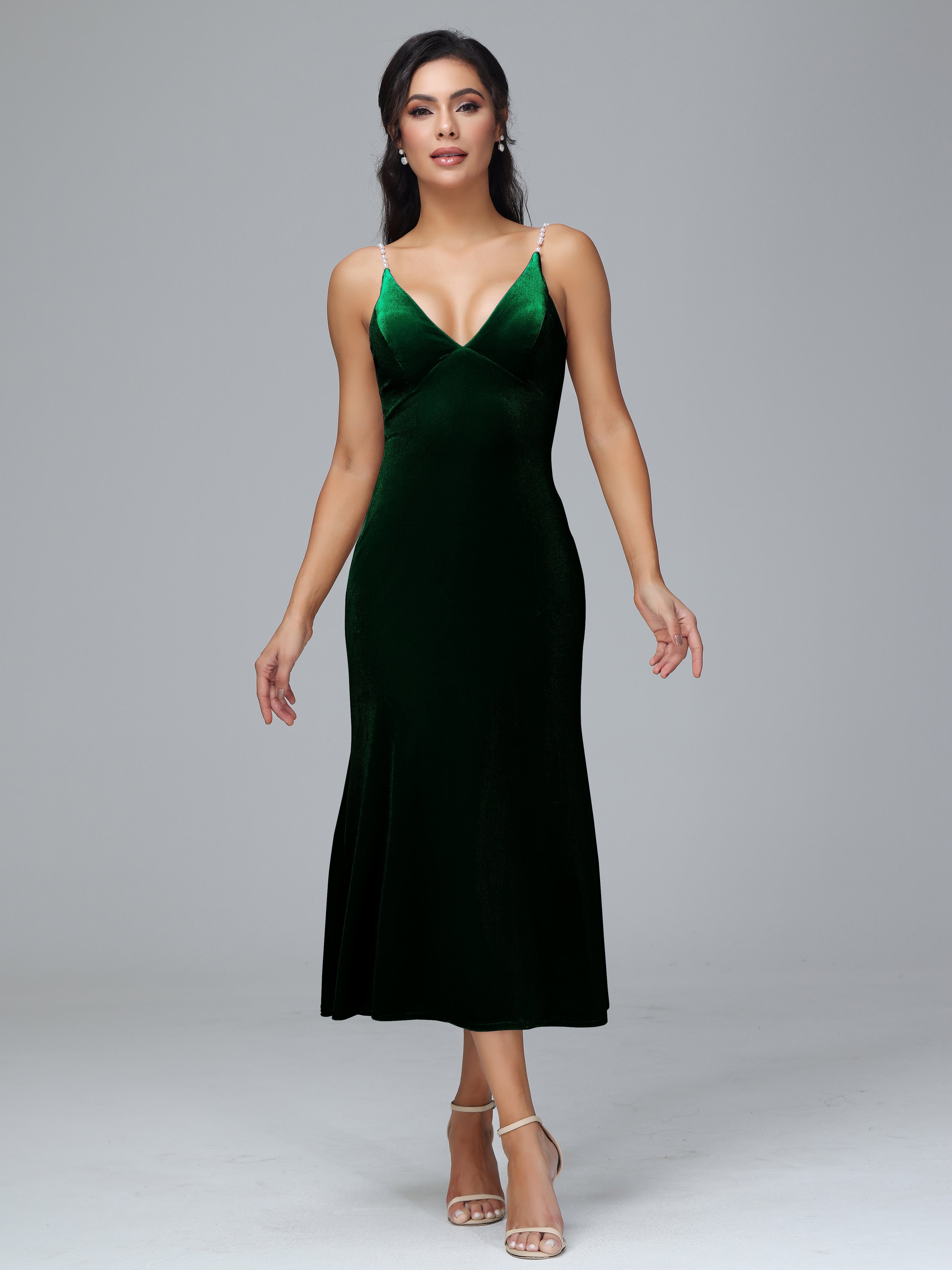 V Neck Spaghetti Straps Velvet Bridesmaid Dress
