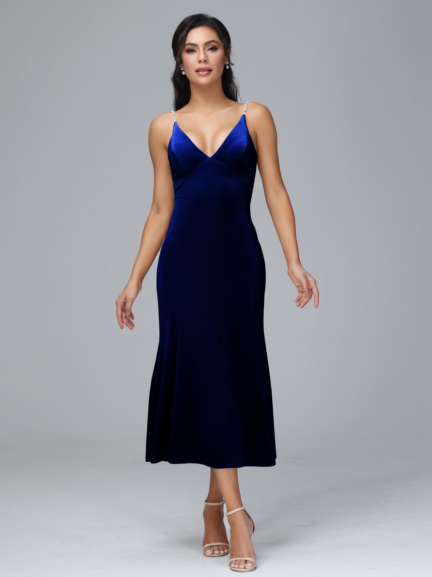 V Neck Spaghetti Straps Velvet Bridesmaid Dress