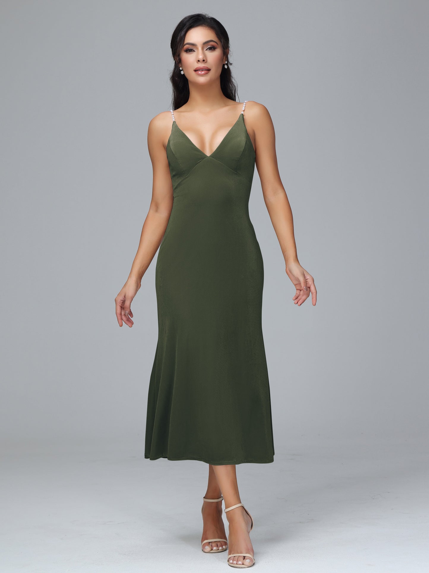 V Neck Spaghetti Straps Velvet Bridesmaid Dress