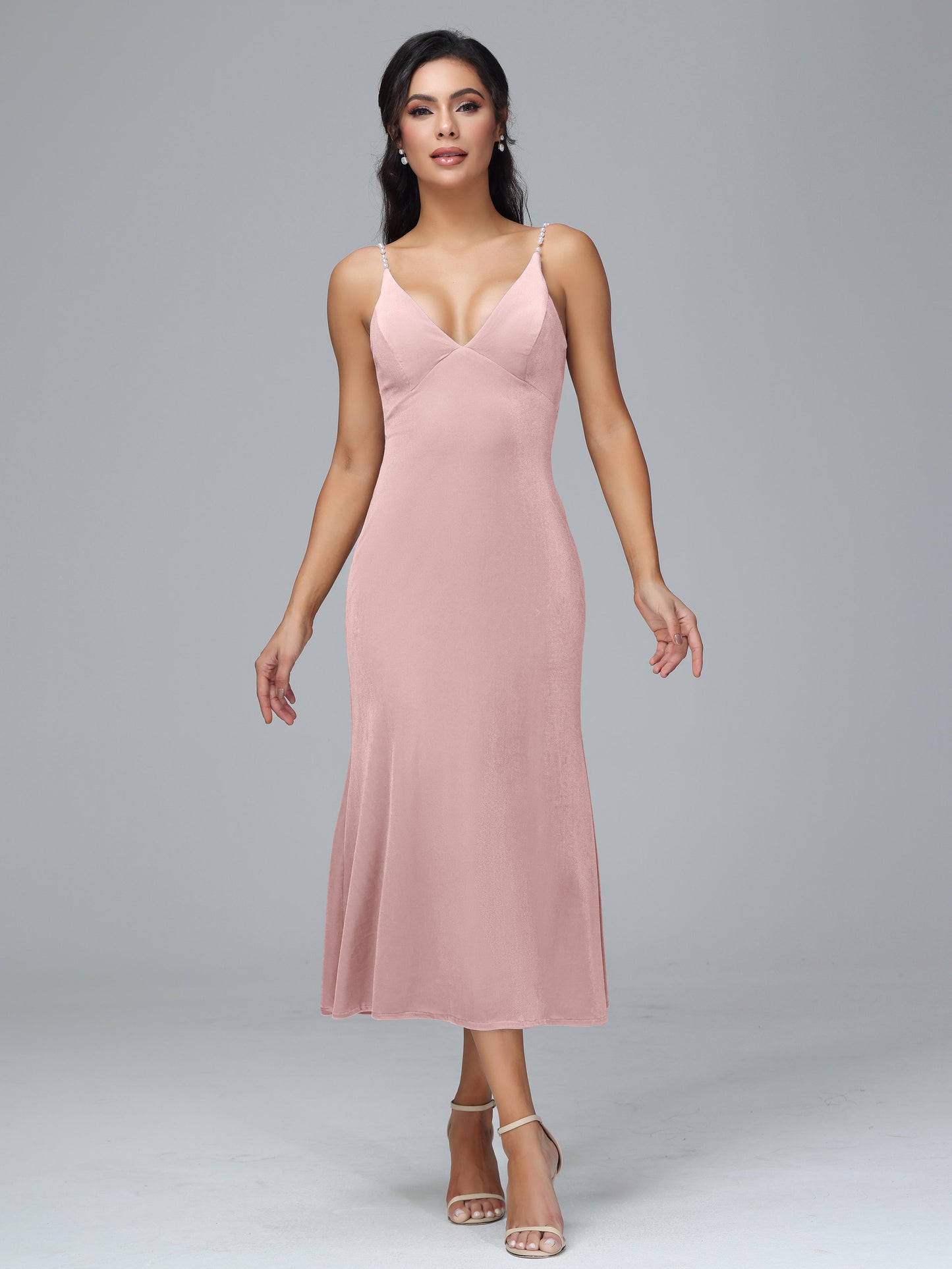 V Neck Spaghetti Straps Velvet Bridesmaid Dress