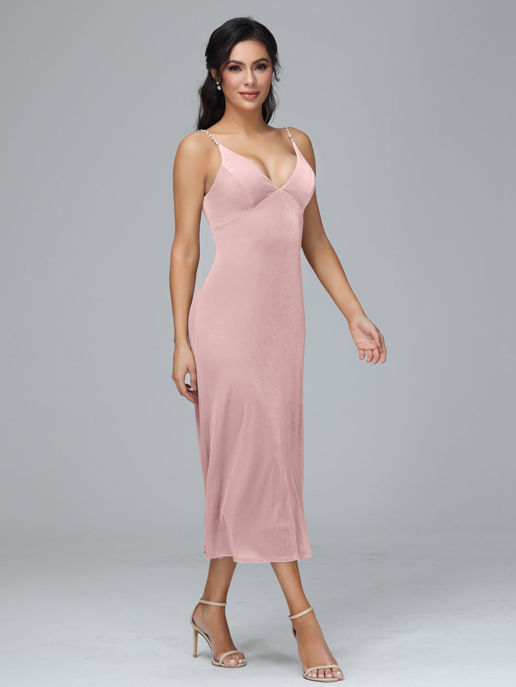 V Neck Spaghetti Straps Velvet Bridesmaid Dress