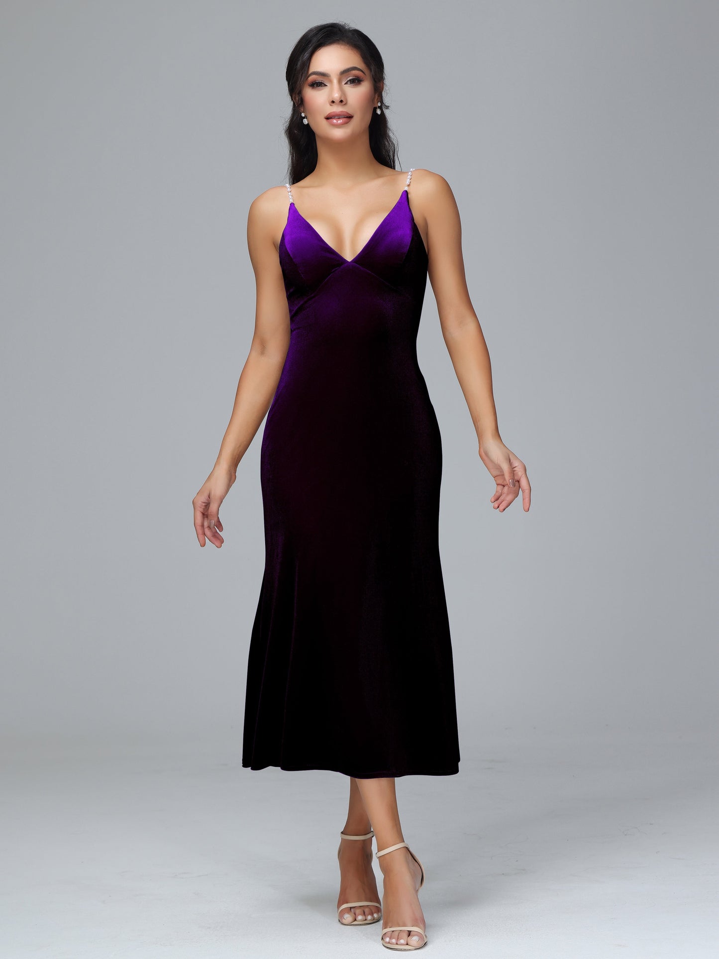 V Neck Spaghetti Straps Plus Size Velvet Bridesmaid Dress